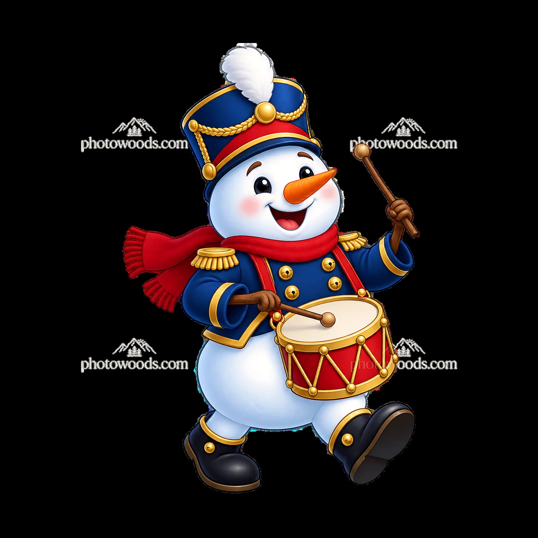 Snowman drummer in festive uniform playing a toy drum - AI-generated stock image