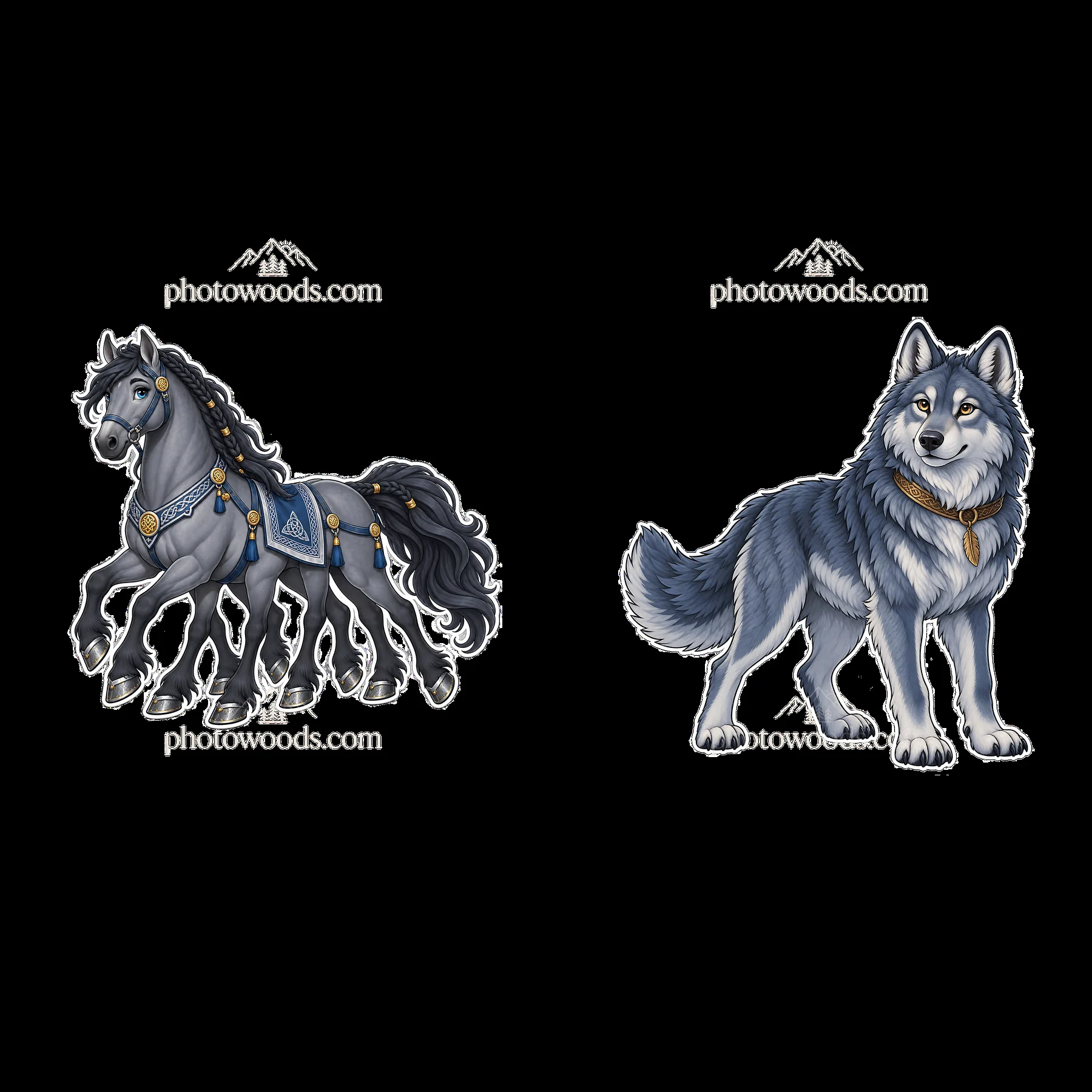 Odin's horse and wolf in detailed cartoon sticker design - AI-generated stock image