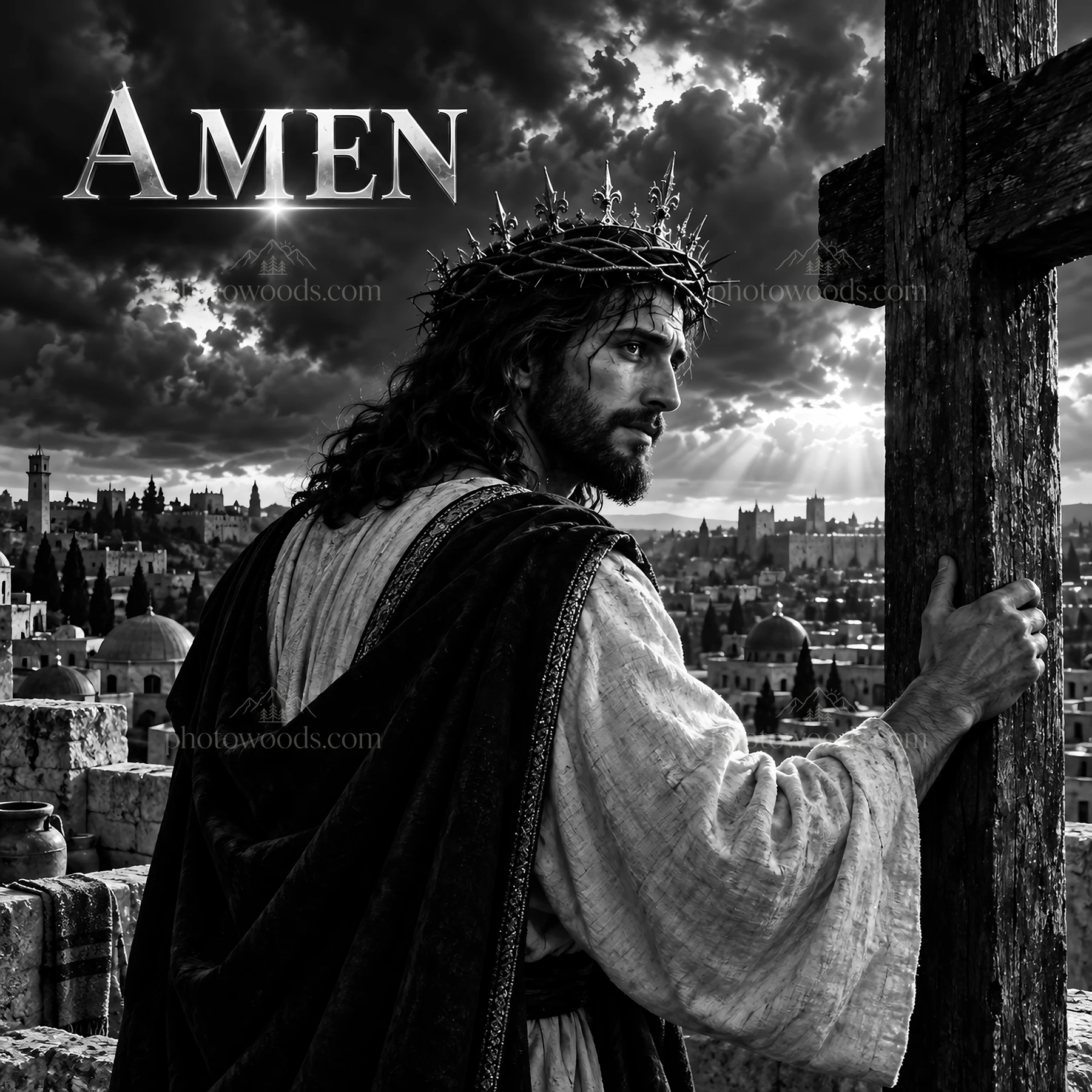 Jesus Christ carrying the cross in a dark landscape - AI-generated stock image