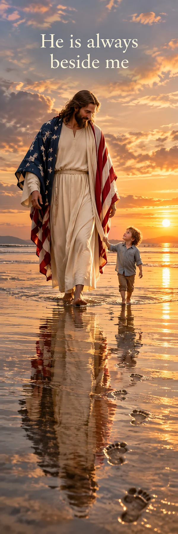 Jesus Christ walking with a child on the beach at sunset - AI-generated stock image