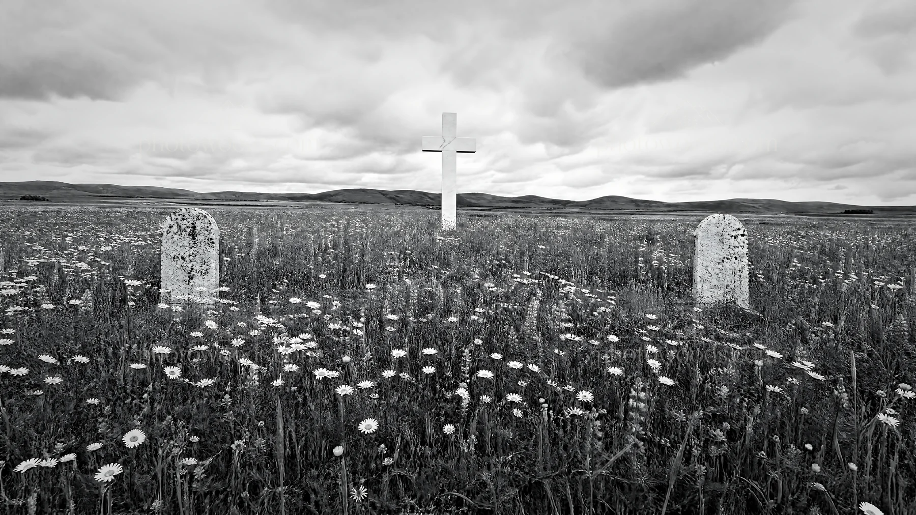Christian cross in meadow with stones and flowers - AI-generated stock image