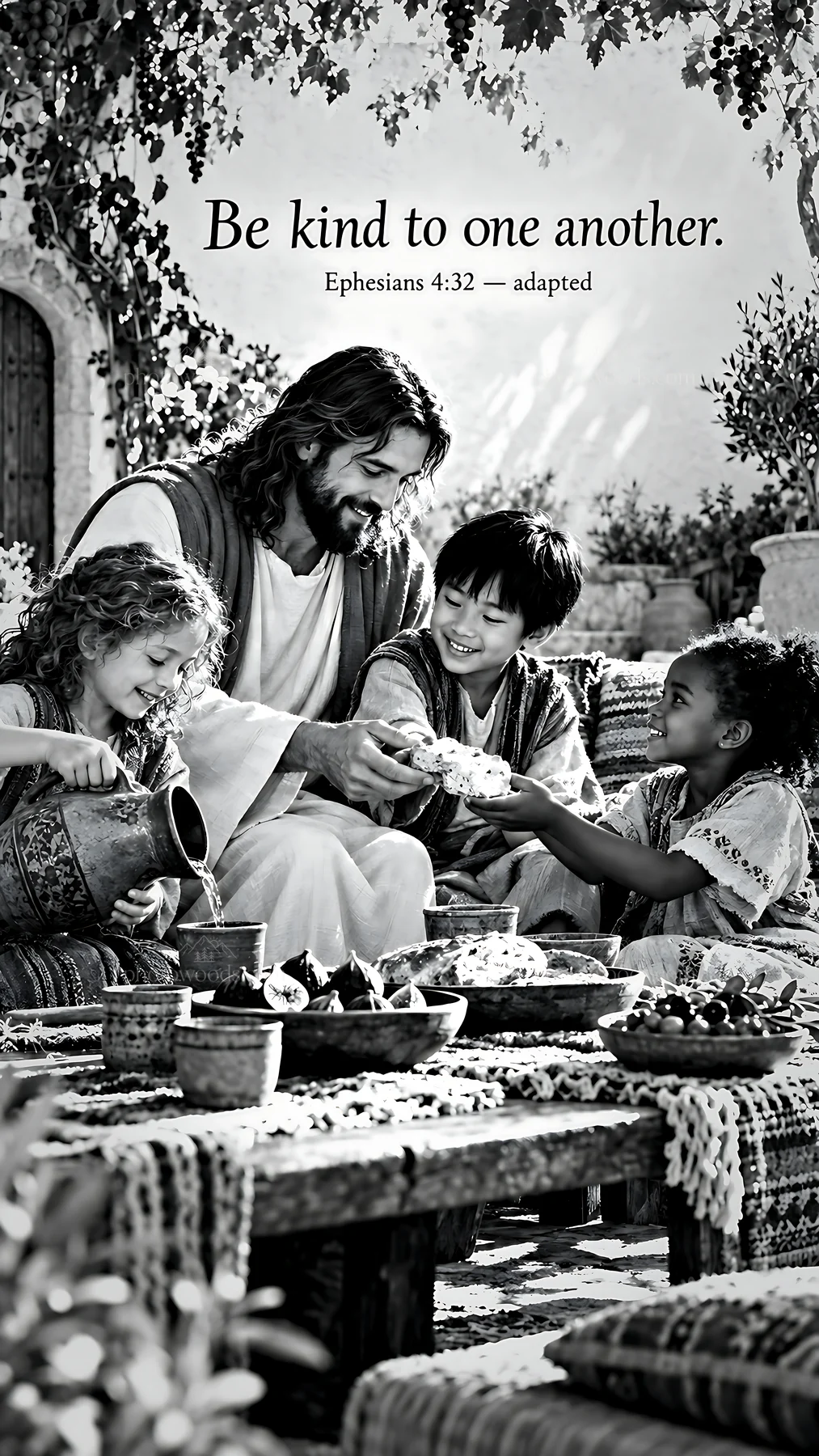 Jesus Christ sharing a meal with children - AI-generated stock image