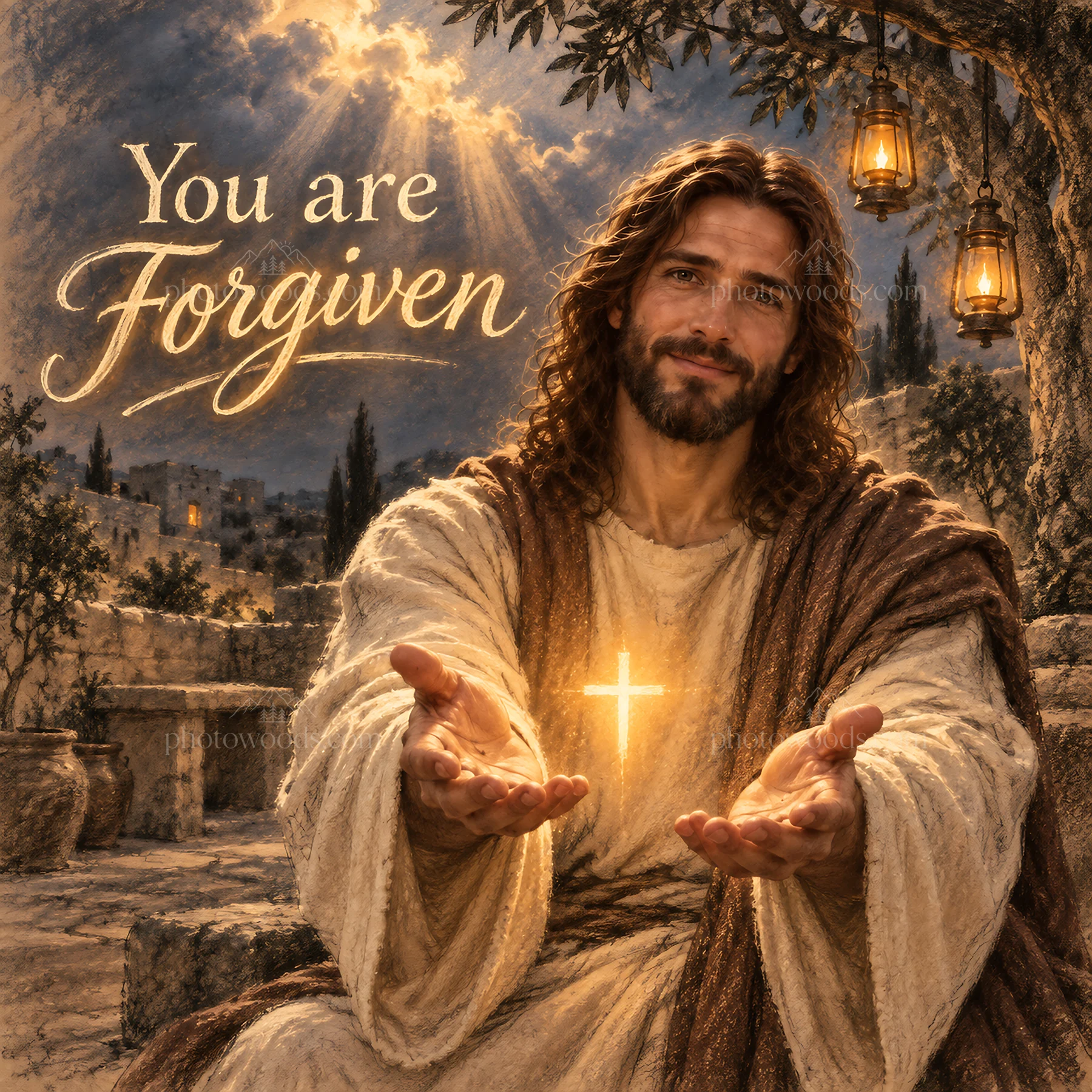Jesus Christ offering forgiveness with open hands - AI-generated stock image