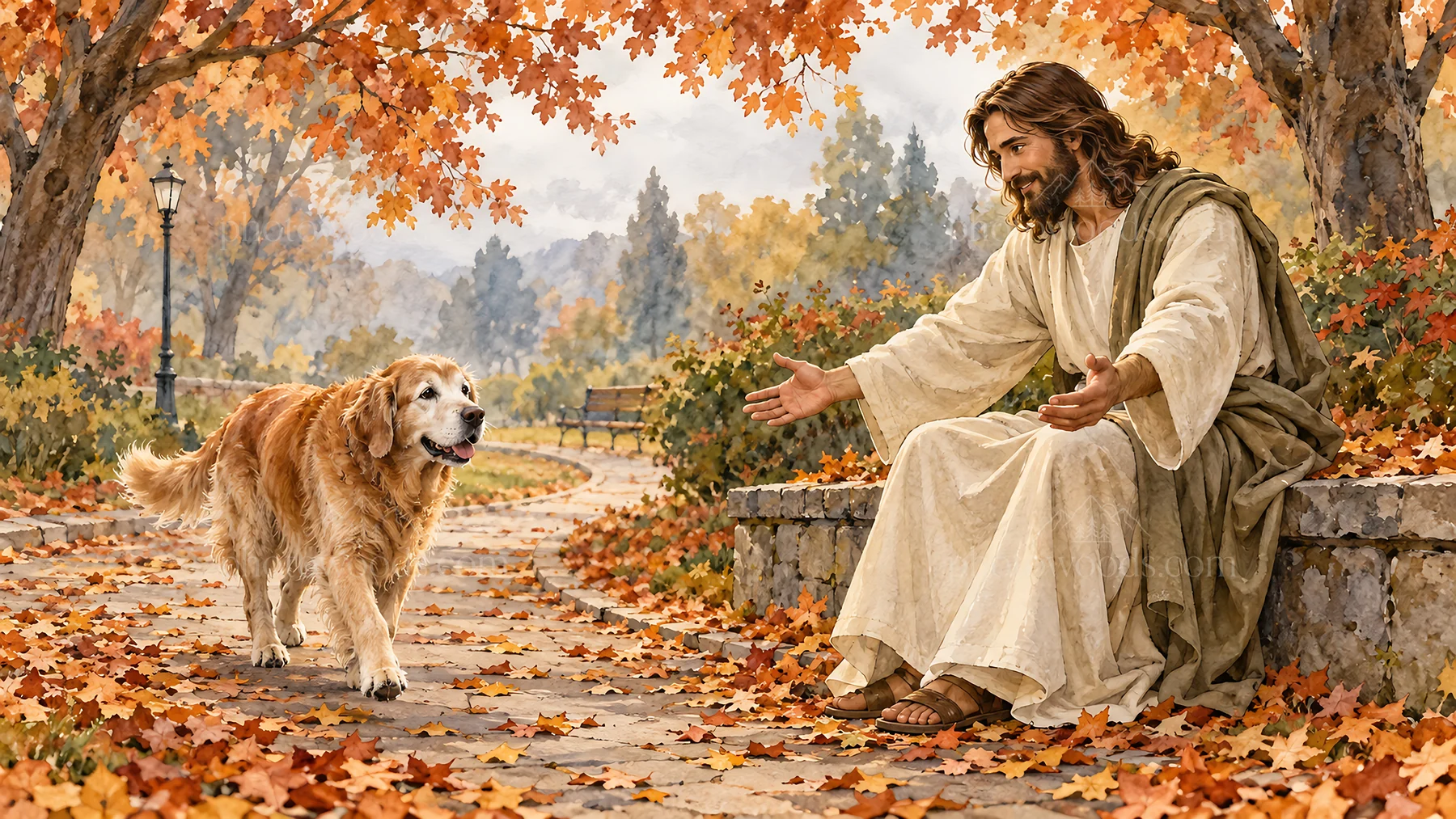 Jesus Christ reaching out to a dog in a peaceful autumn park - AI-generated stock image