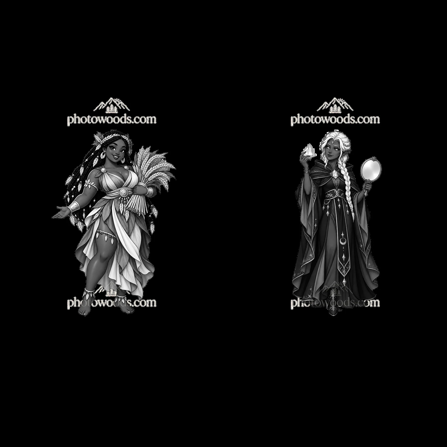 Pagan gods in black and white cartoon sticker design - AI-generated stock image