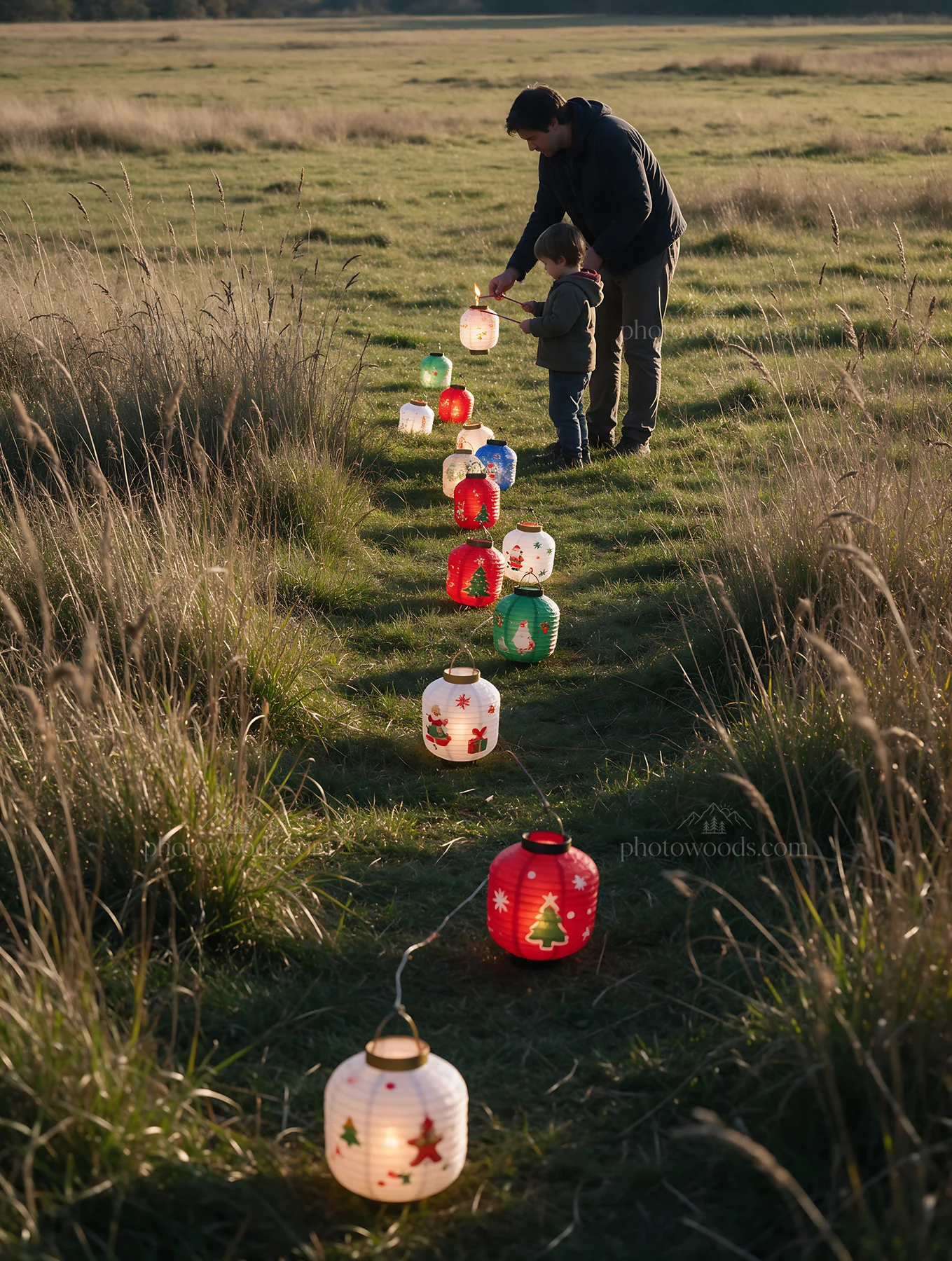 Colorful Christmas lanterns line a path in a meadow - AI-generated stock image