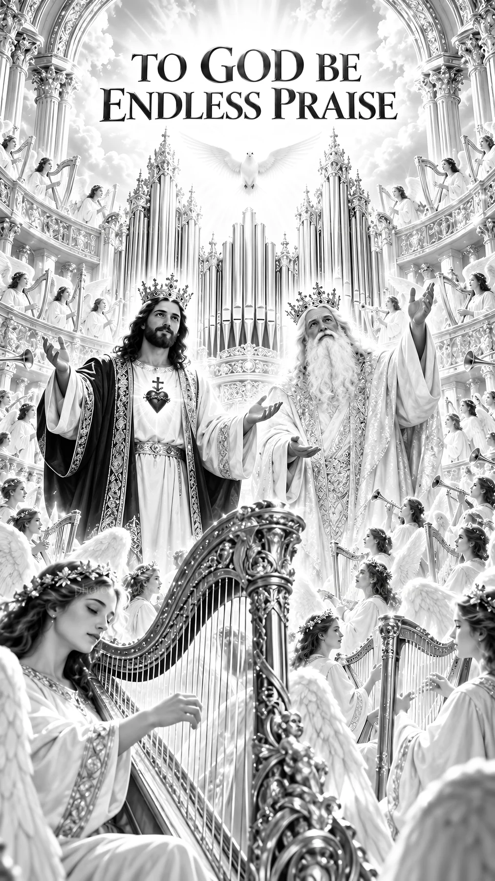 Jesus Christ surrounded by worshippers in heavenly praise - AI-generated stock image