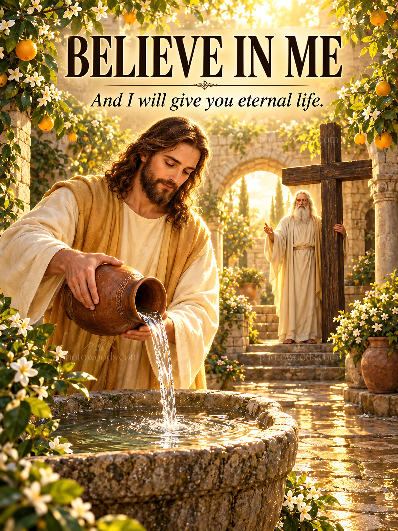 Jesus Christ sharing living water with the viewer - AI-generated stock image