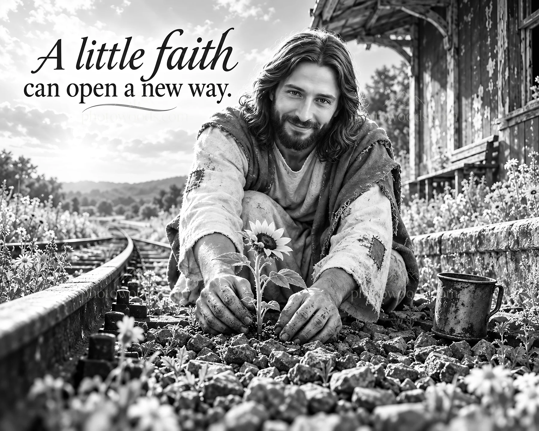 Jesus Christ planting a seed in a garden - AI-generated stock image