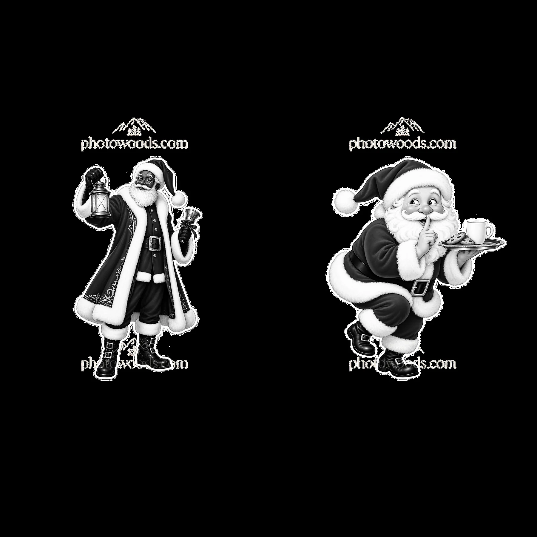 Santa Claus with lantern and Santa eating cookies - AI-generated stock image