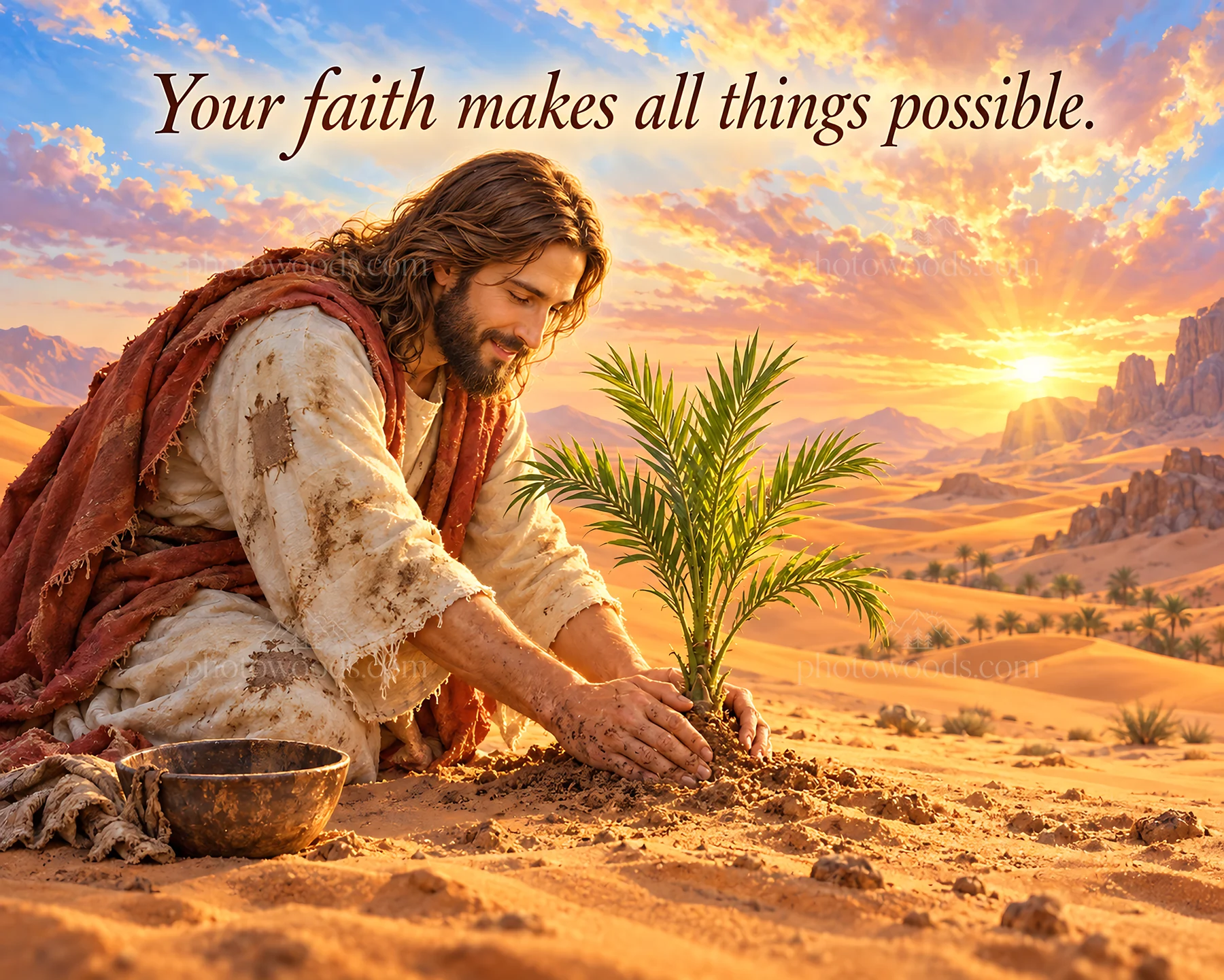 Jesus Christ planting a palm tree in the desert - AI-generated stock image