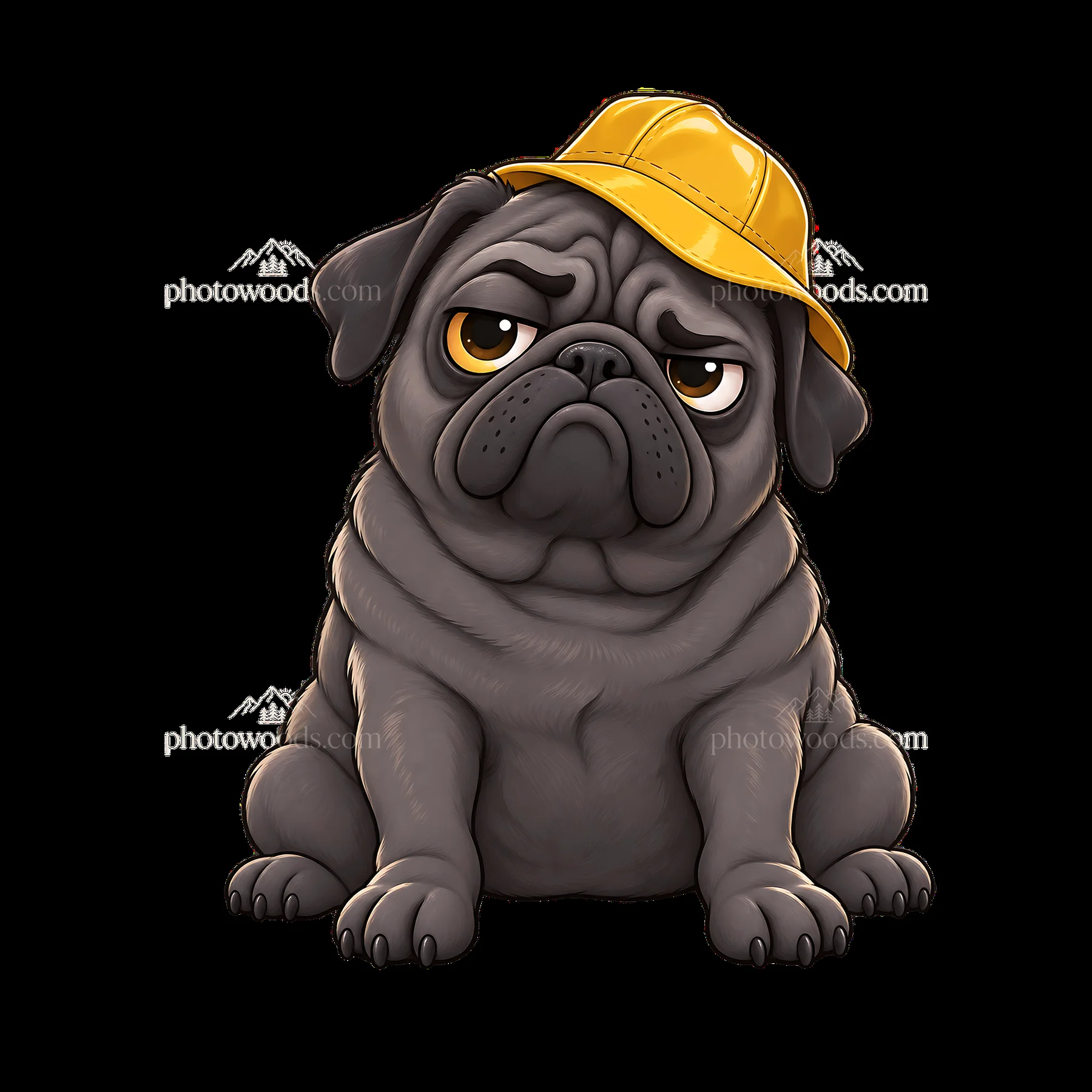 Kawaii grumpy dog wearing a yellow cap sitting down - AI-generated stock image