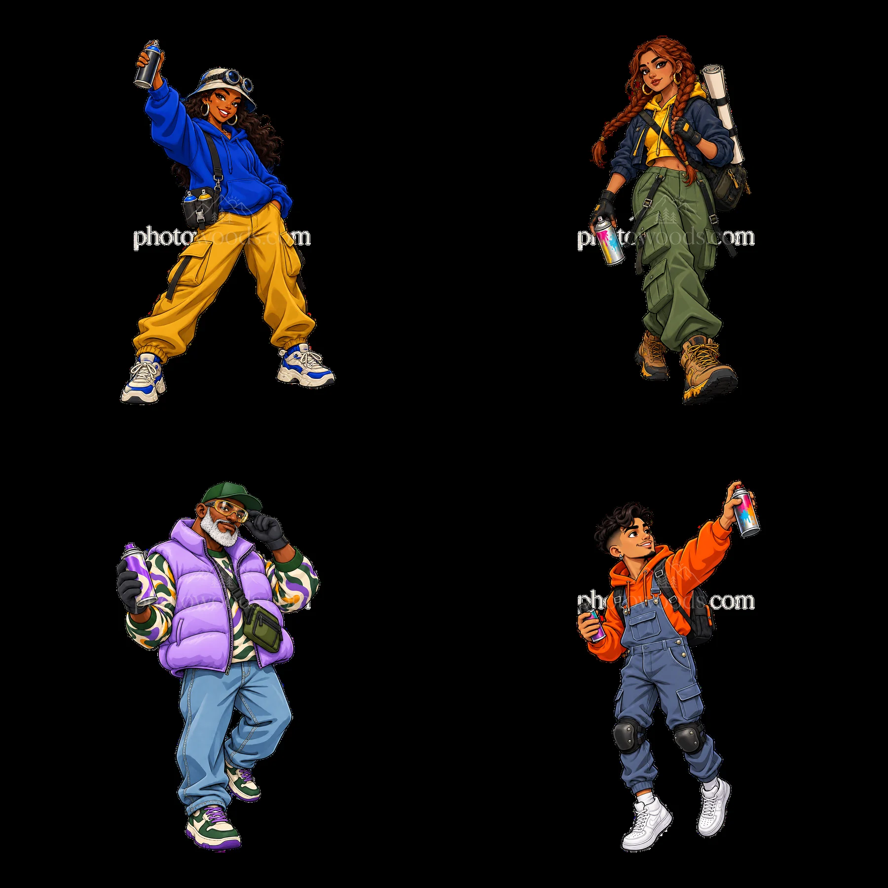 Colorful streetwear characters with spray cans in a graffiti setting - AI-generated stock image