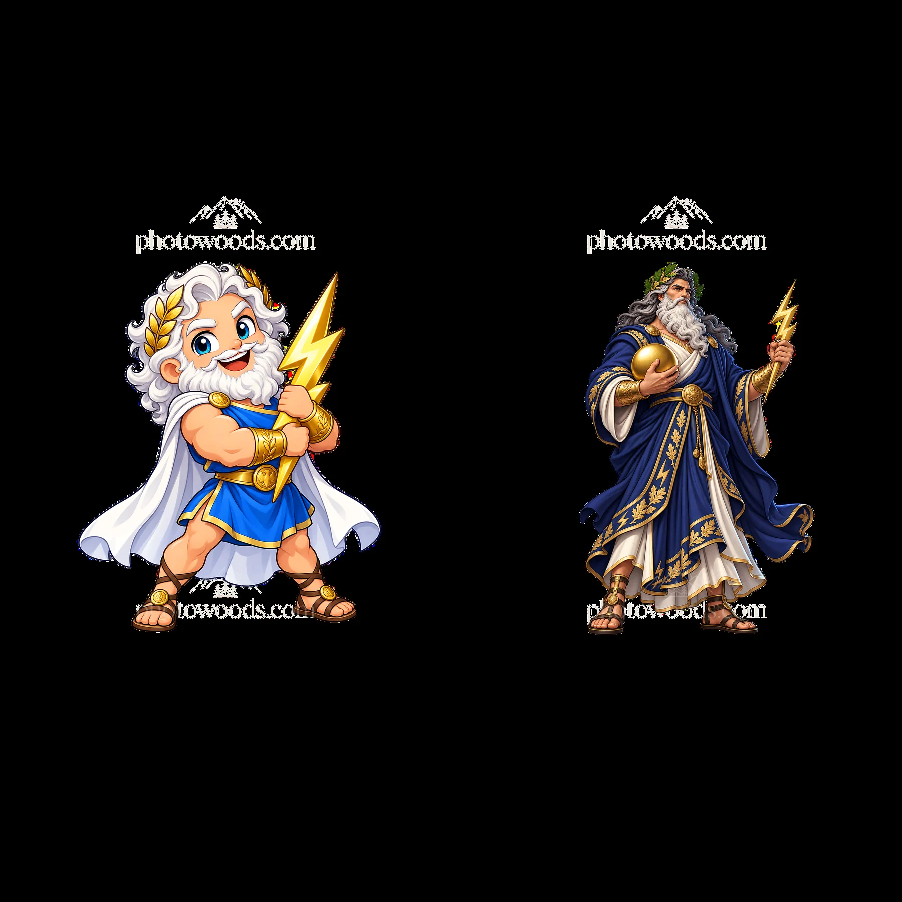 Zeus cartoon stickers with lightning bolts in two distinct poses - AI-generated stock image