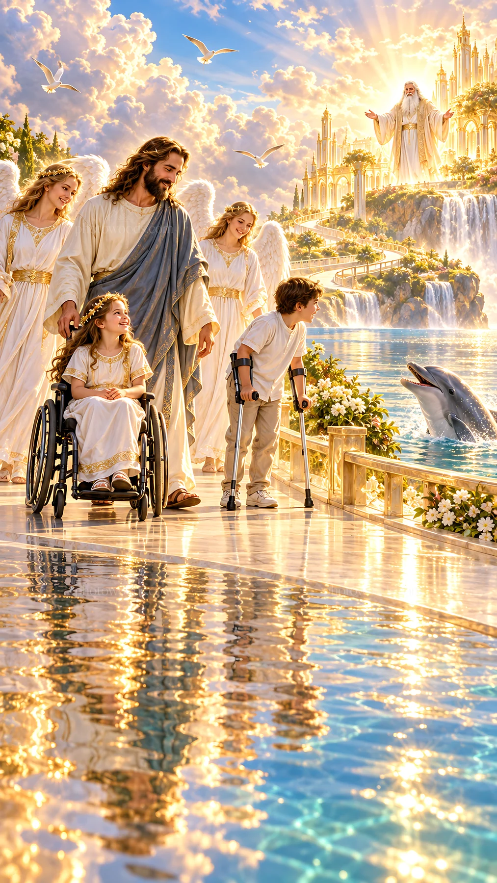Jesus Christ walking with children and angels in a heavenly setting - AI-generated stock image