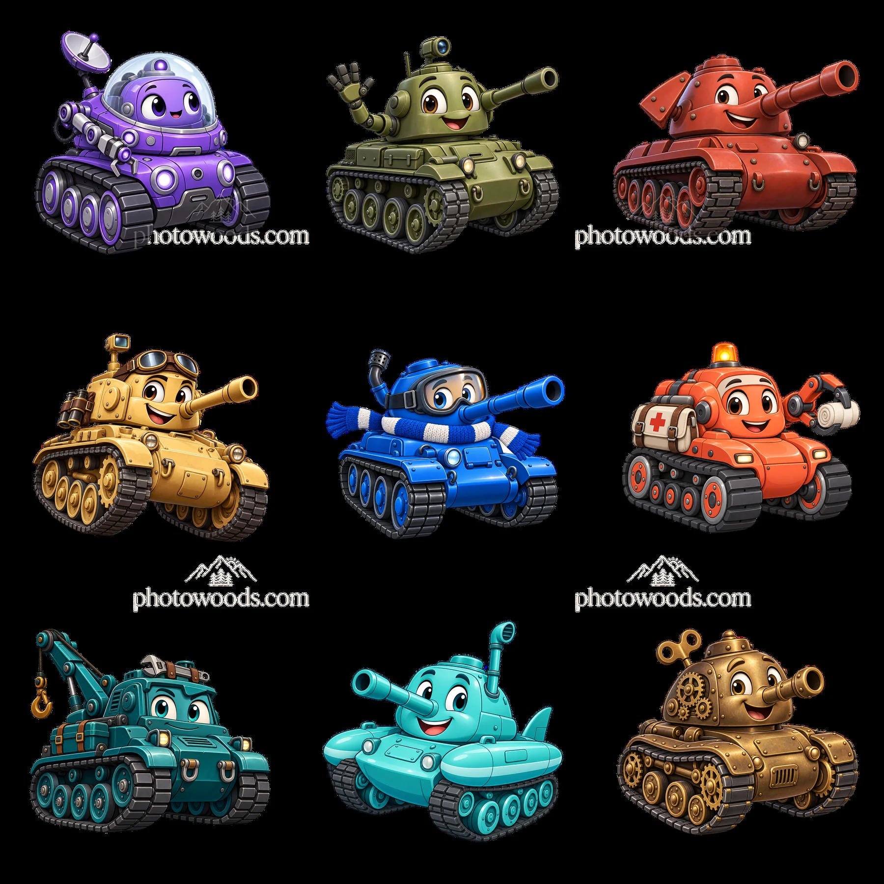 Cartoon tanks in various colors and expressions in a 3x3 layout - AI-generated stock image