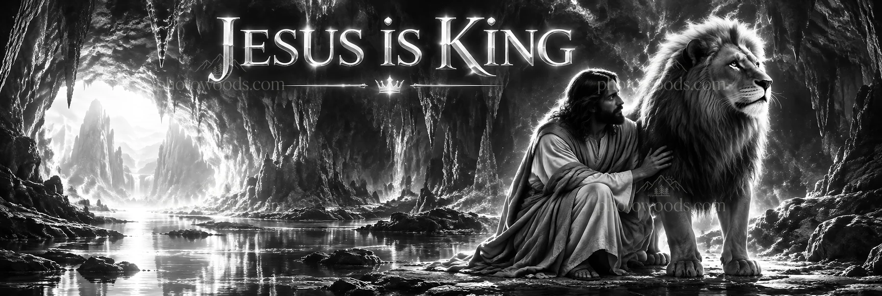 Jesus Christ comforts a lion in a cave setting - AI-generated stock image