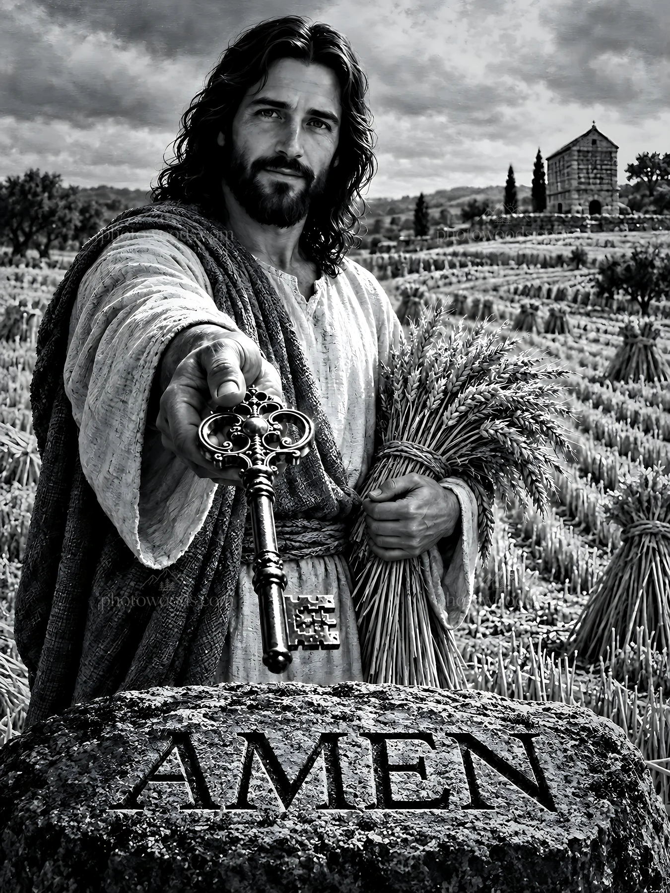 Harvest field with a figure holding a key and wheat - AI-generated stock image