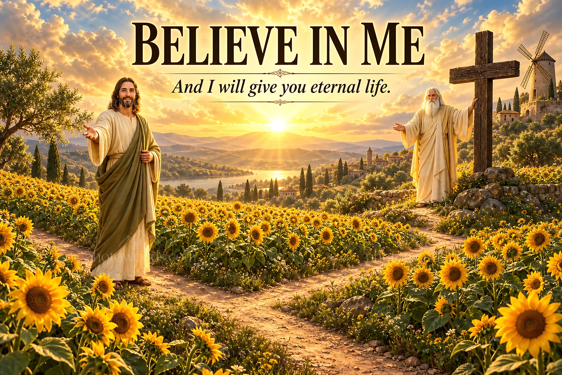 Jesus Christ in a sunny field invites viewers to eternal life - AI-generated stock image