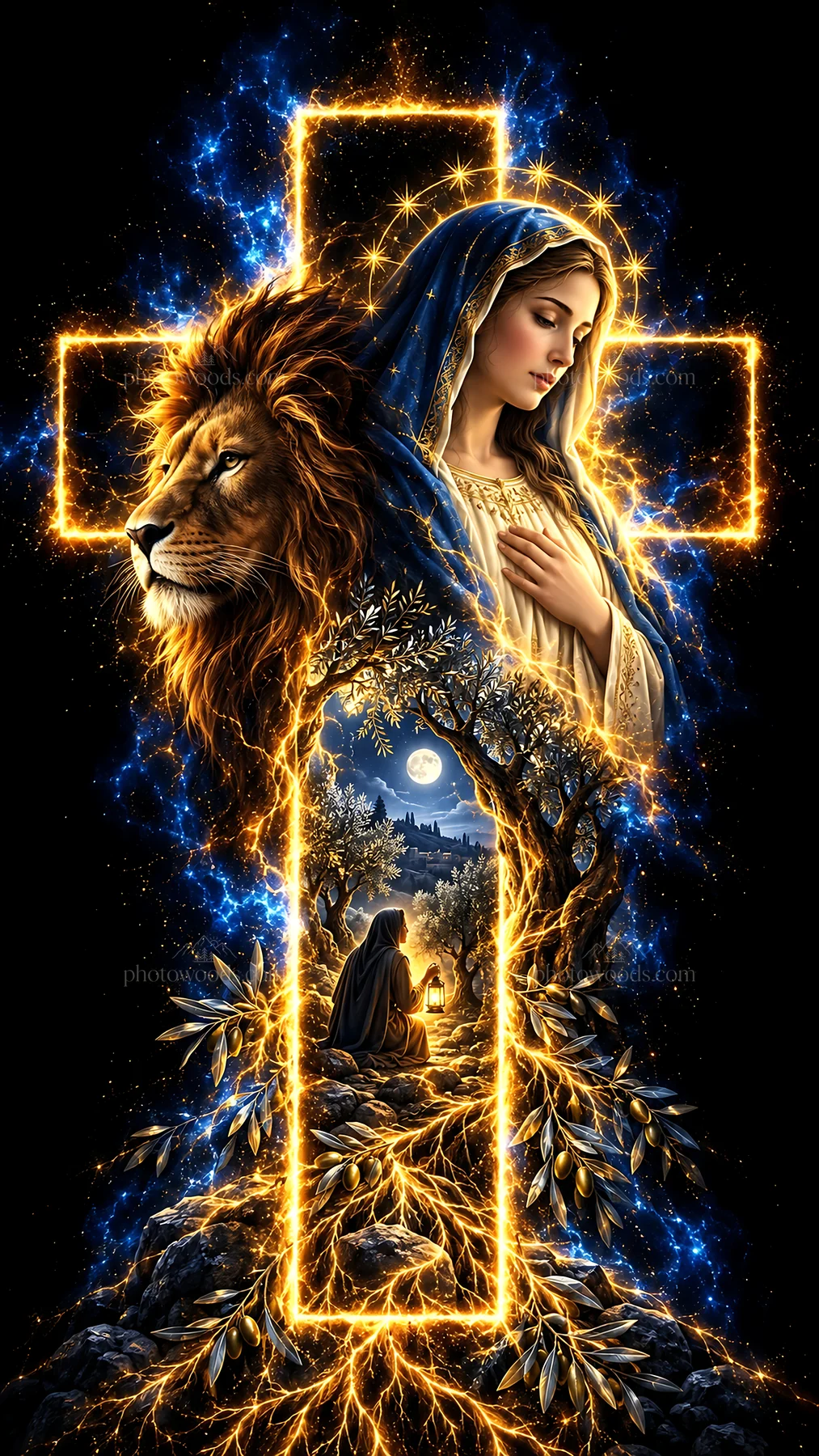 Jesus Christ depicted with a lion and a woman in worship - AI-generated stock image