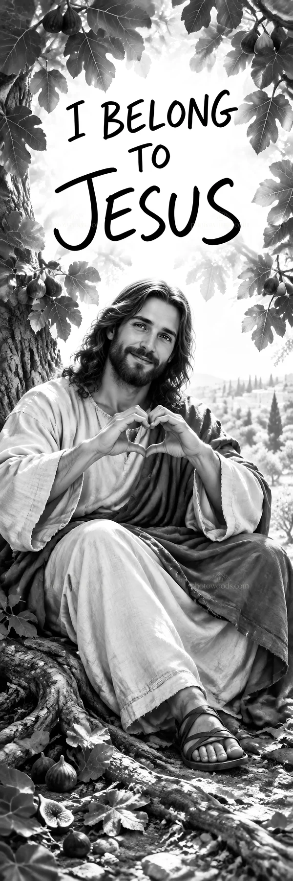 Jesus Christ sitting beneath a tree making a heart gesture - AI-generated stock image