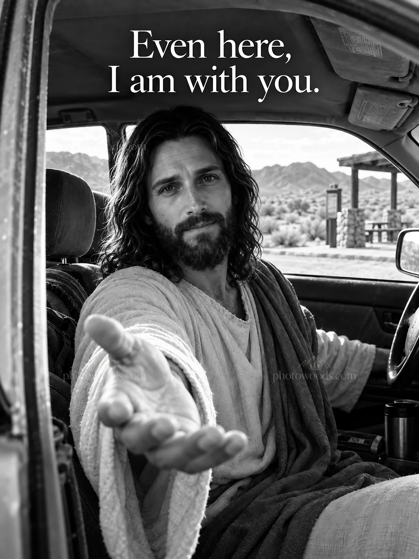 Jesus Christ comforting in a modern setting - AI-generated stock image