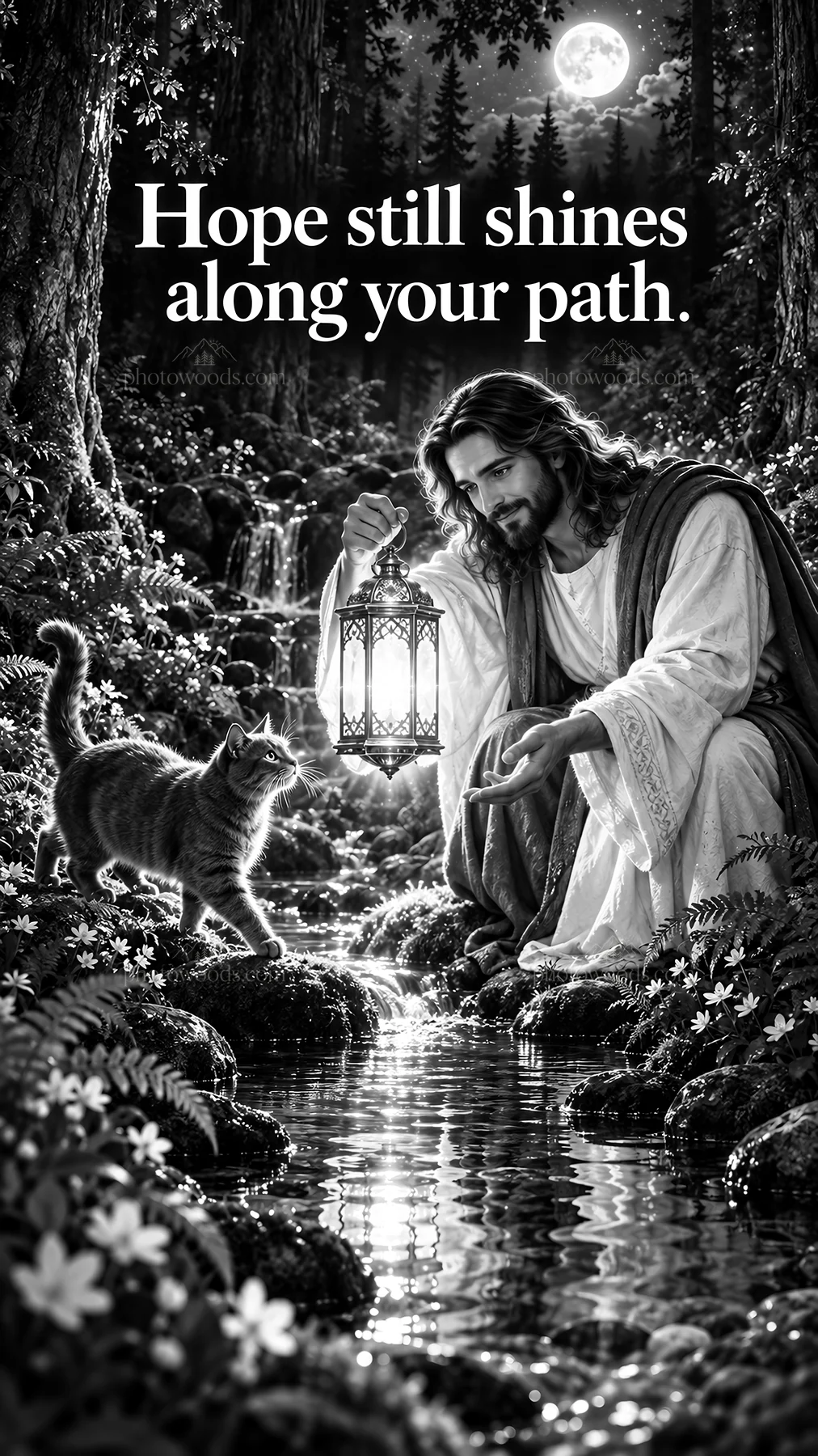 Jesus Christ holding a lantern by the stream with a cat - AI-generated stock image