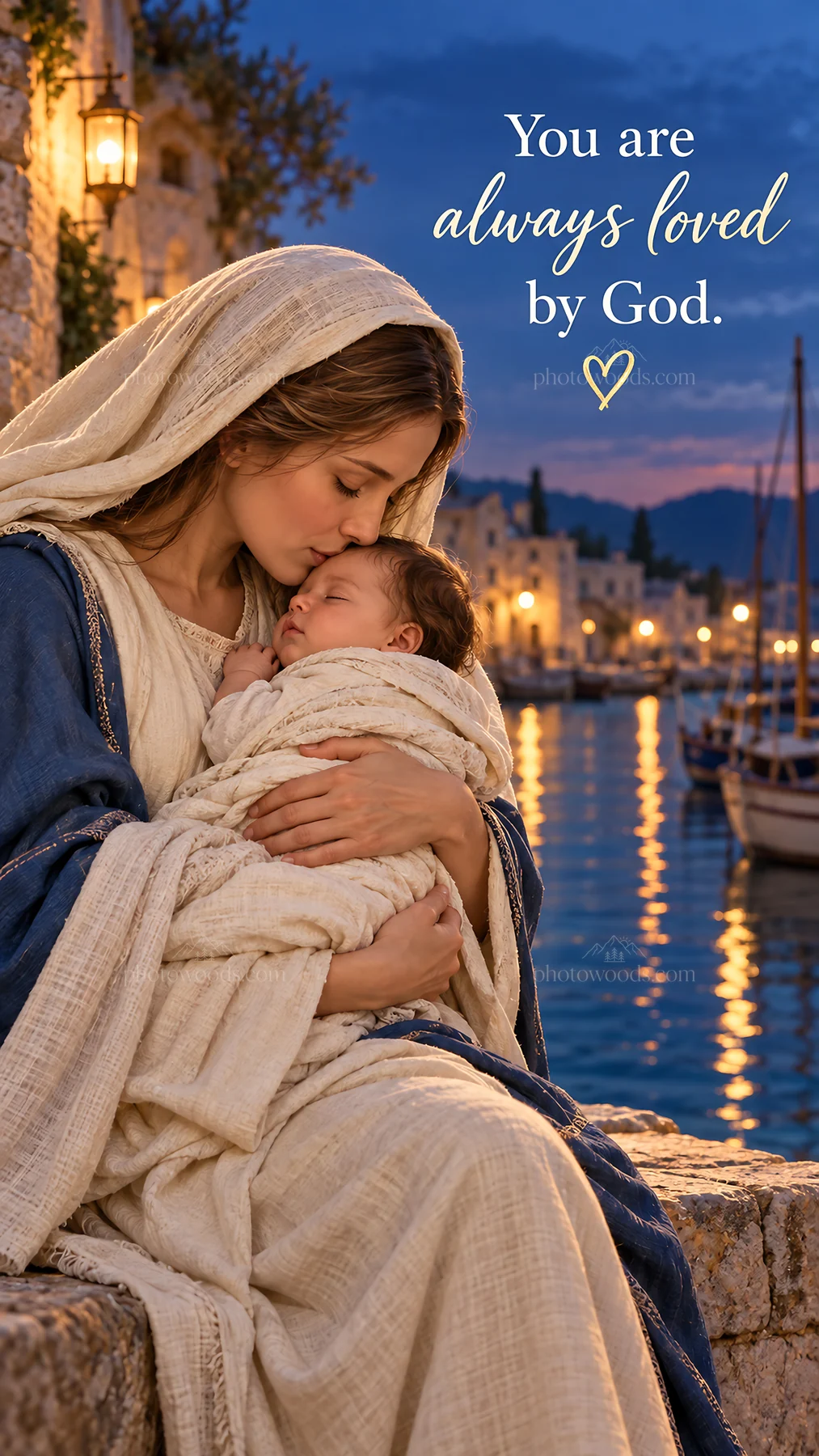 Jesus Christ comforting Mary and baby Jesus by the water - AI-generated stock image
