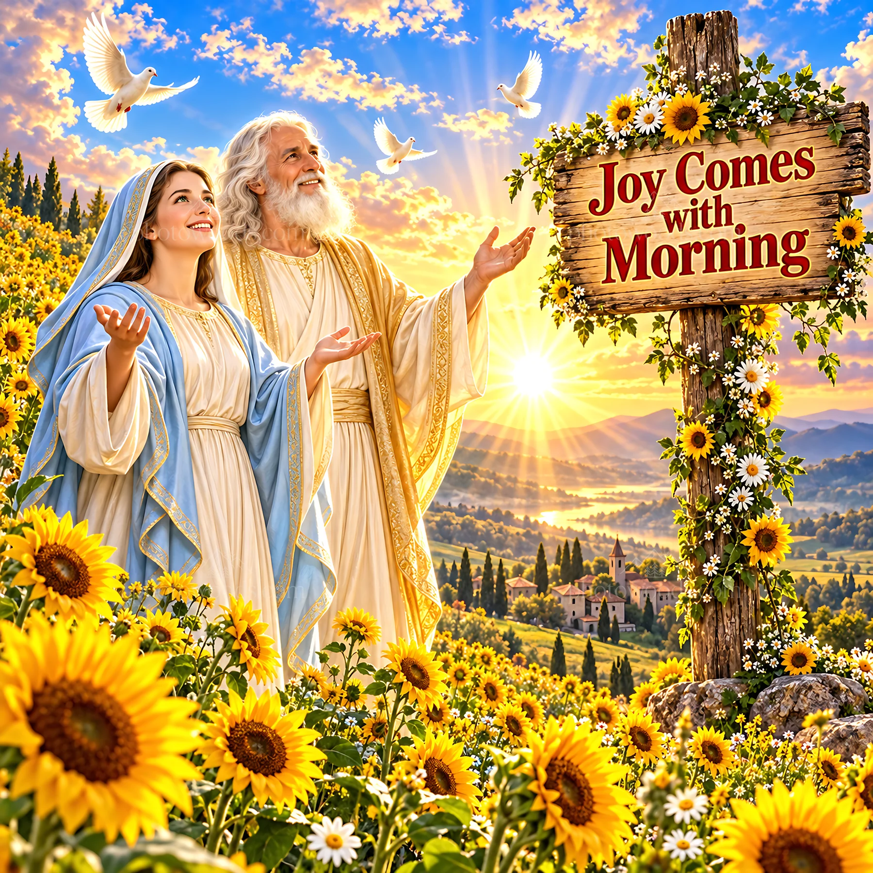 Jesus Christ with joyful woman in a field of sunflowers - AI-generated stock image