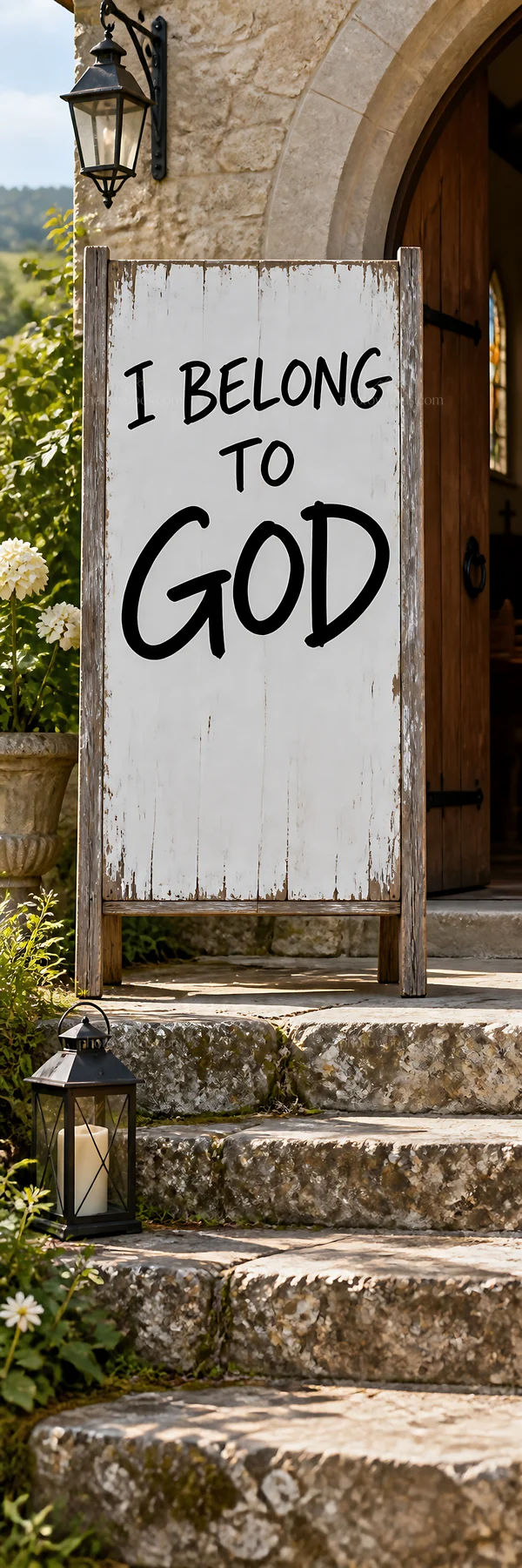 Jesus Christ welcomes with a sign declaring I belong to God - AI-generated stock image
