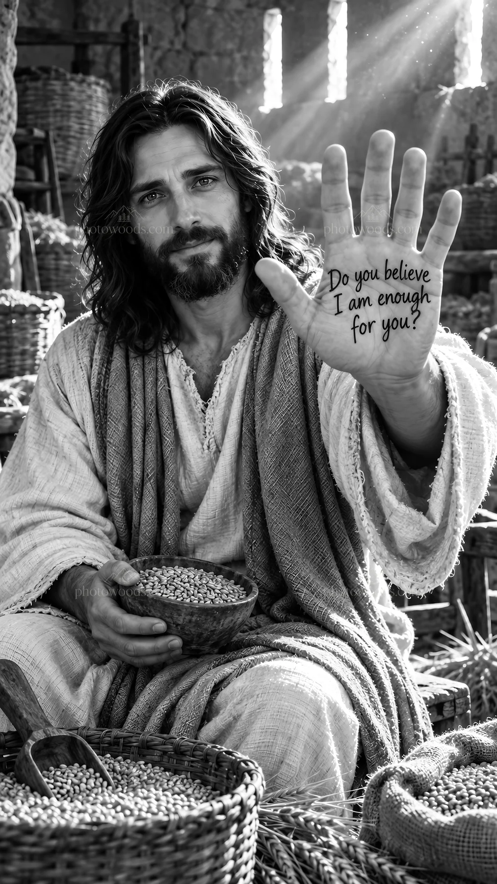 Jesus Christ sharing food and asking about belief - AI-generated stock image