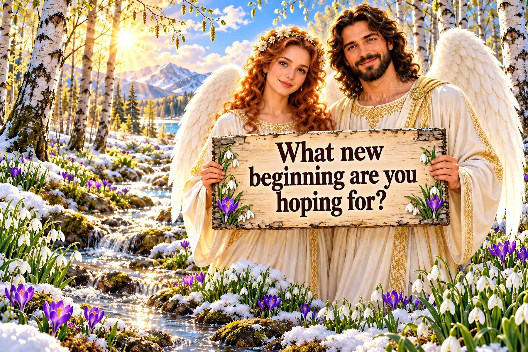 Jesus Christ offers hope with angels in a beautiful landscape - AI-generated stock image