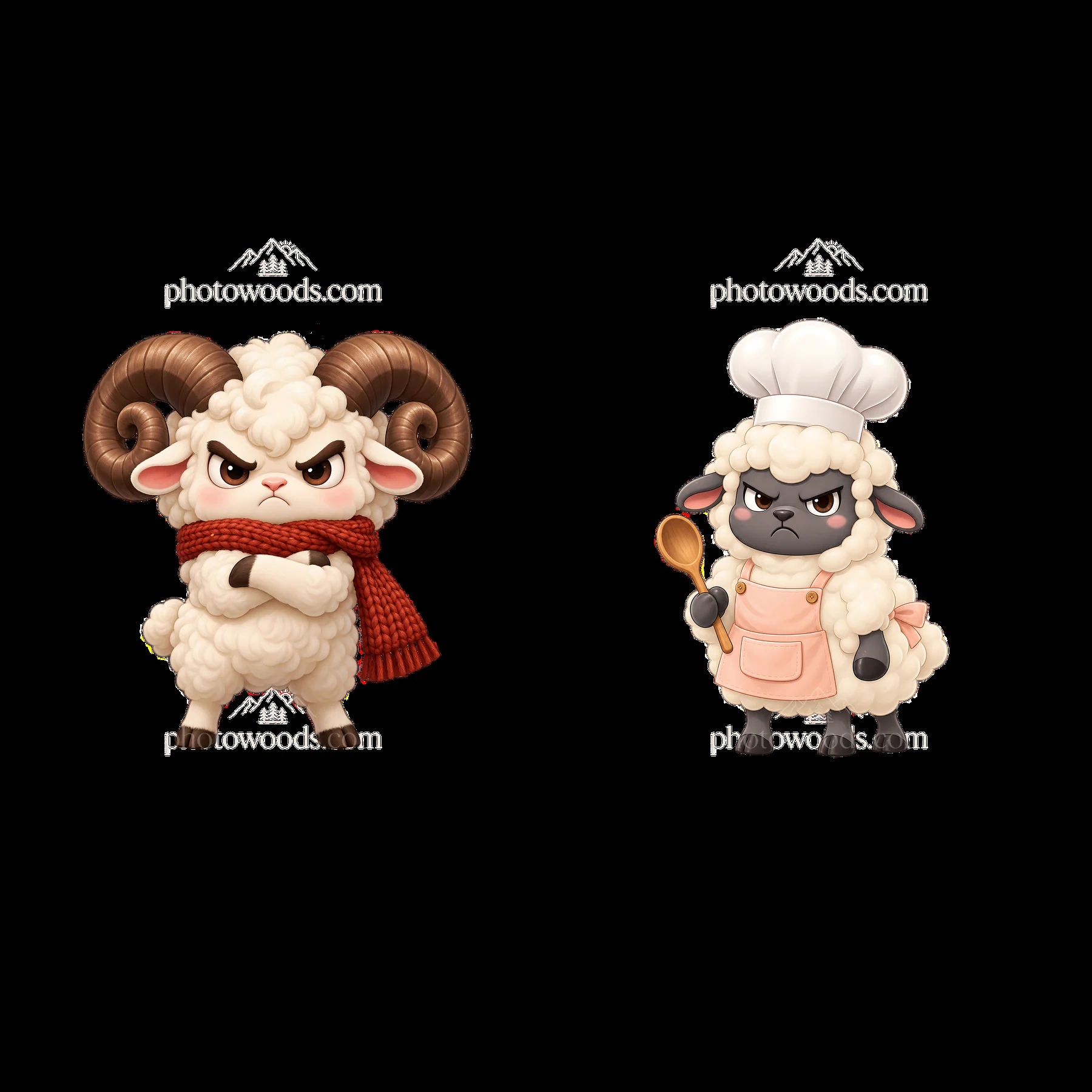 Kawaii grumpy sheep character stickers in playful poses - AI-generated stock image