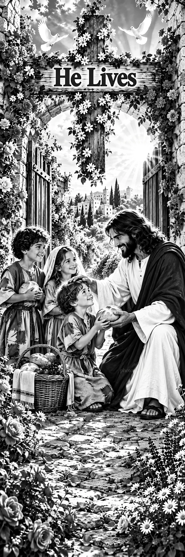 Jesus Christ interacting with children in a garden setting - AI-generated stock image