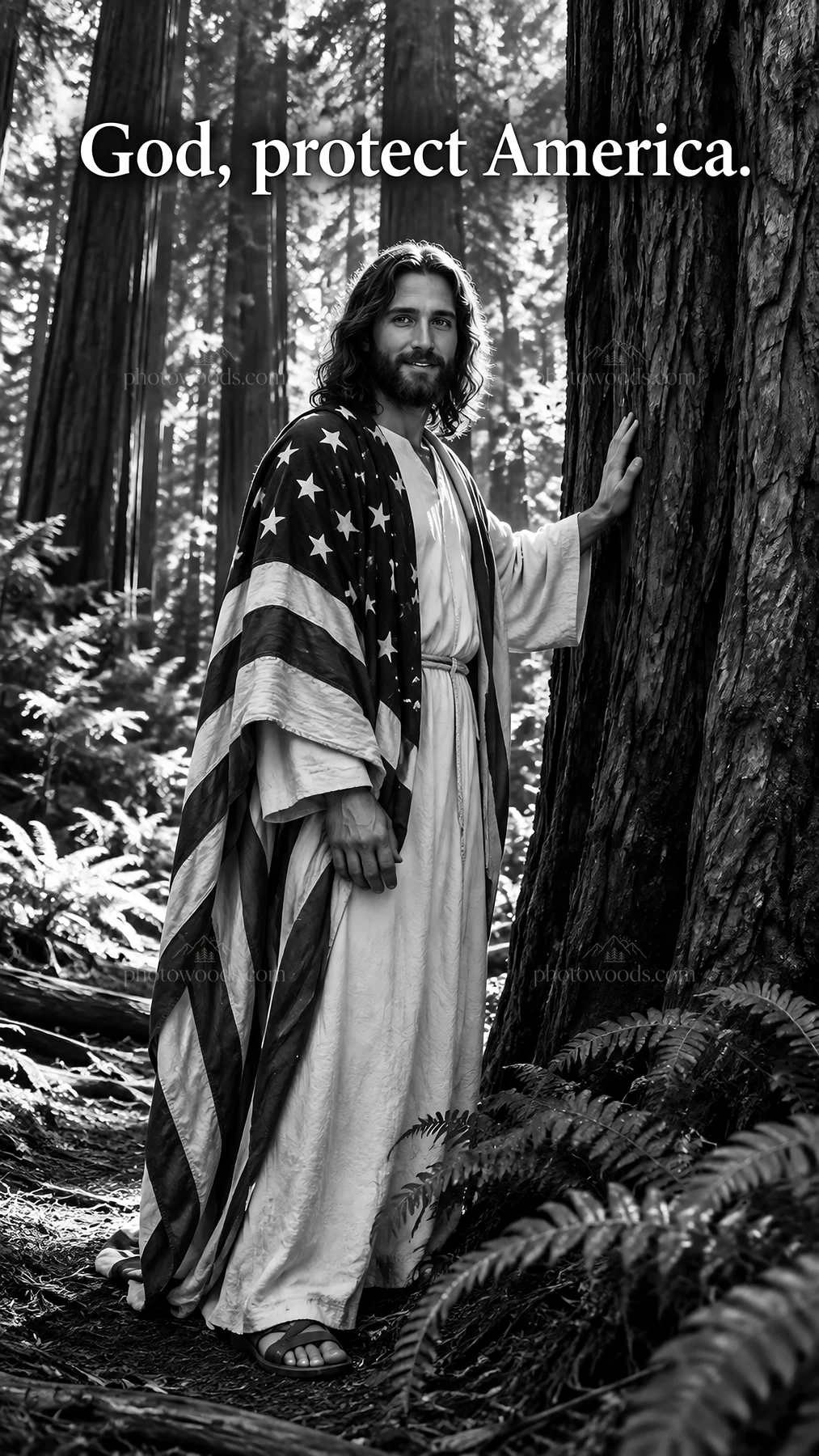 Jesus Christ stands in the forest with an American flag - AI-generated stock image
