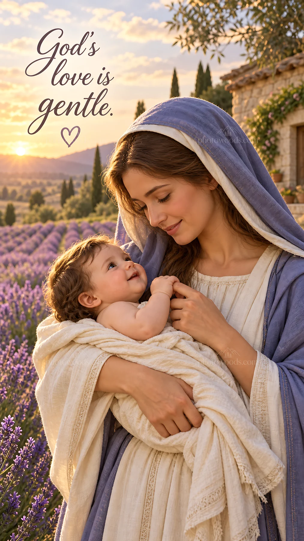 Jesus Christ with mother holding a child in a lavender field - AI-generated stock image