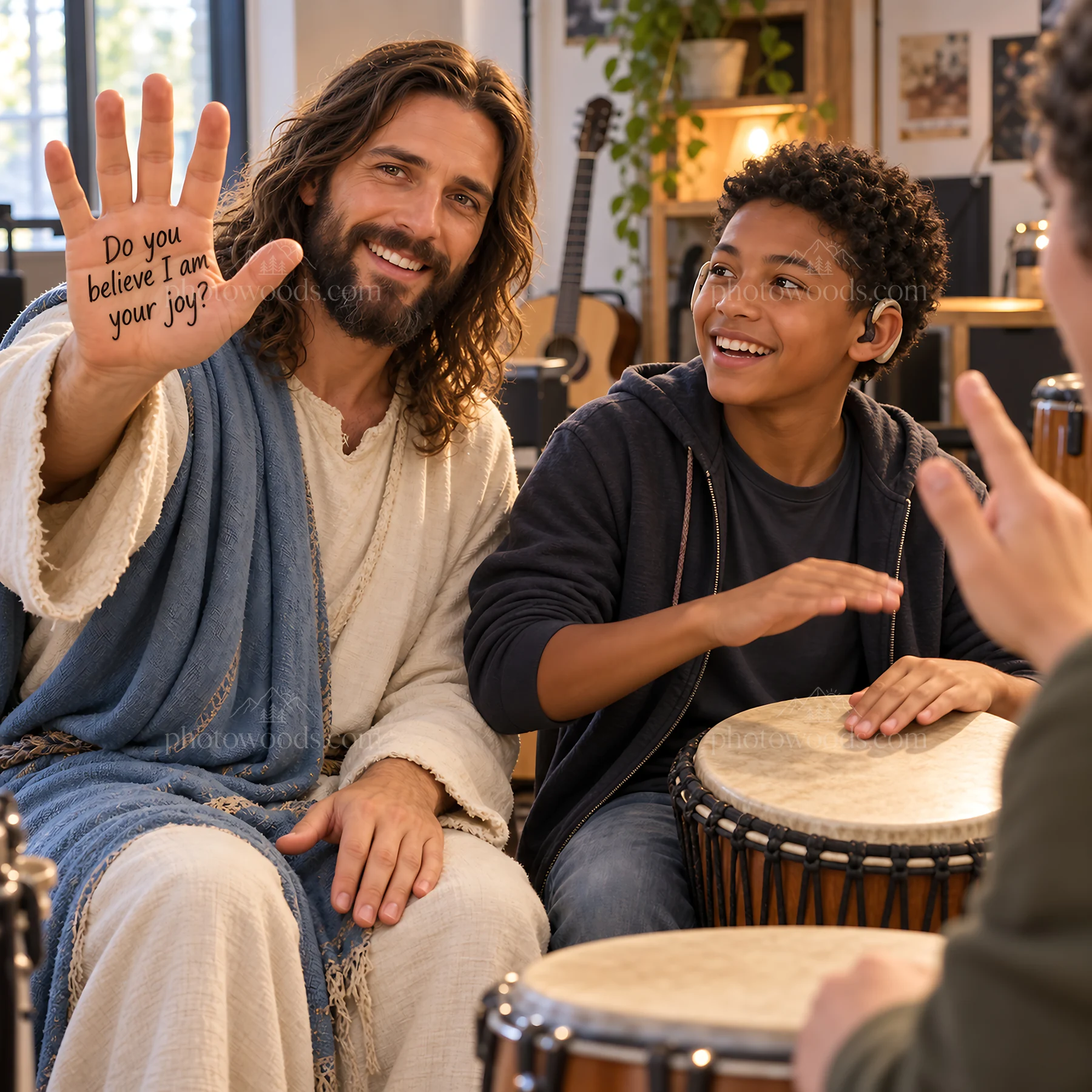 Jesus Christ sharing joy in a music gathering with a child - AI-generated stock image