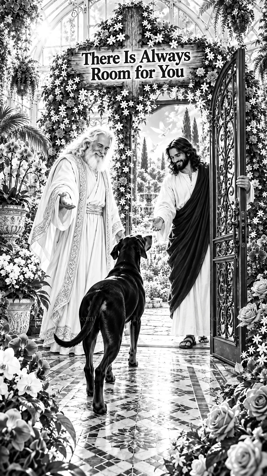 Jesus Christ welcoming a visitor at a garden entrance - AI-generated stock image