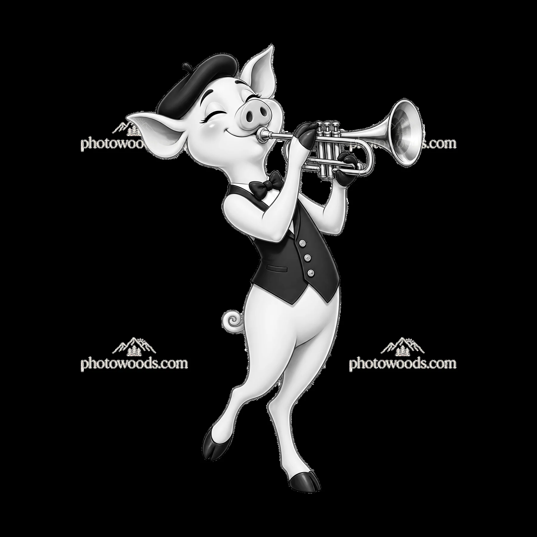 Pig playing trumpet in stylish outfit with bow tie and beret - AI-generated stock image