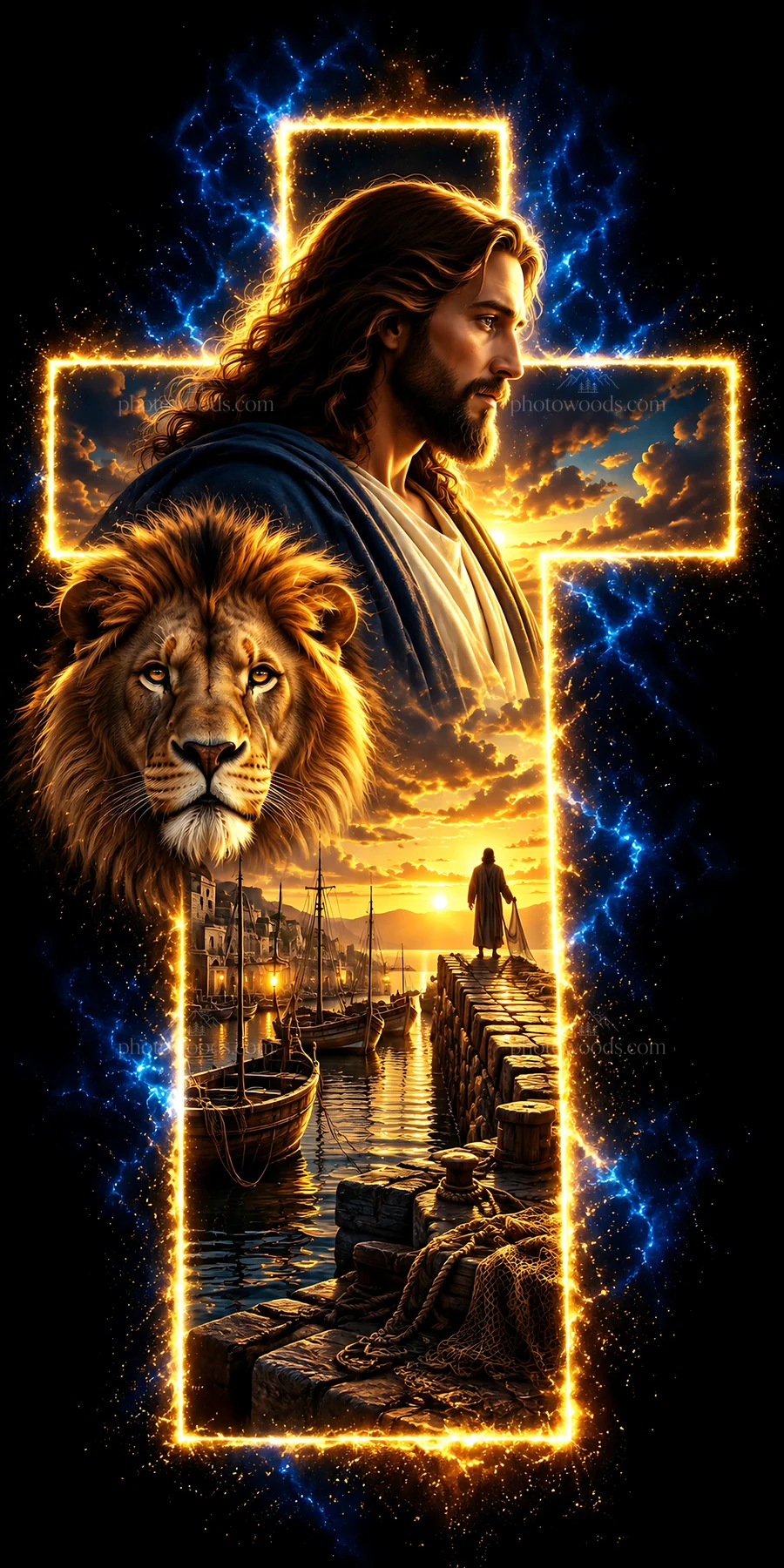 Jesus Christ with lion and boats in a vibrant sunset scene - AI-generated stock image