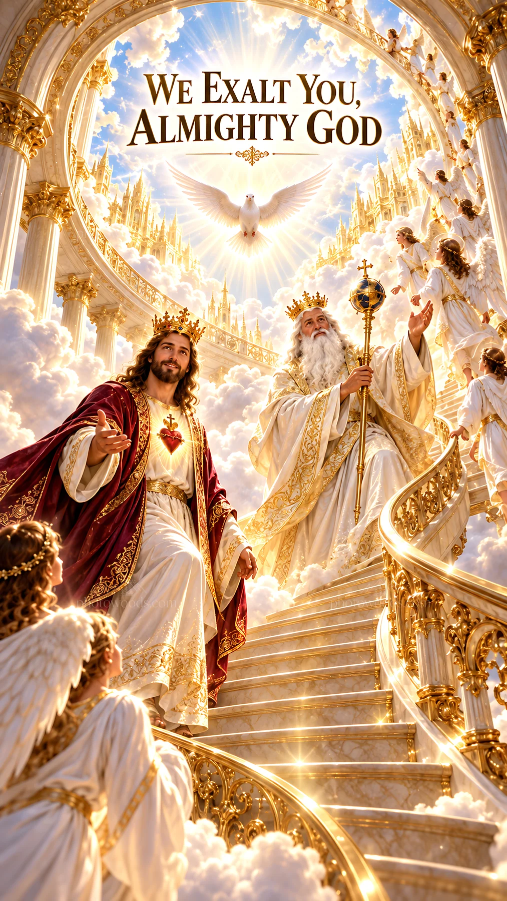Jesus Christ with God in a heavenly scene of worship - AI-generated stock image