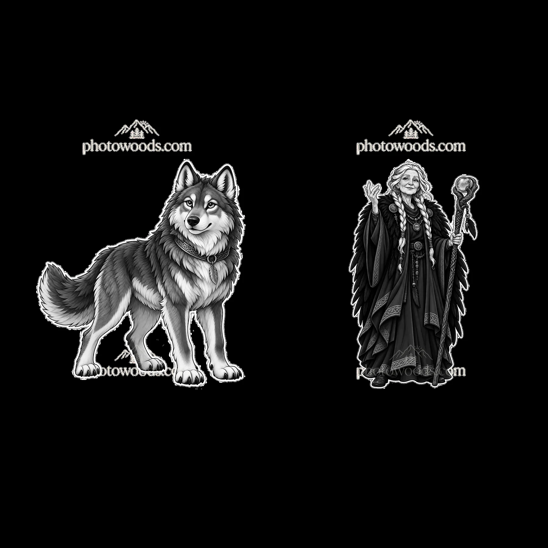 Odin and Fenrir: Cartoon Norse characters in black and white - AI-generated stock image
