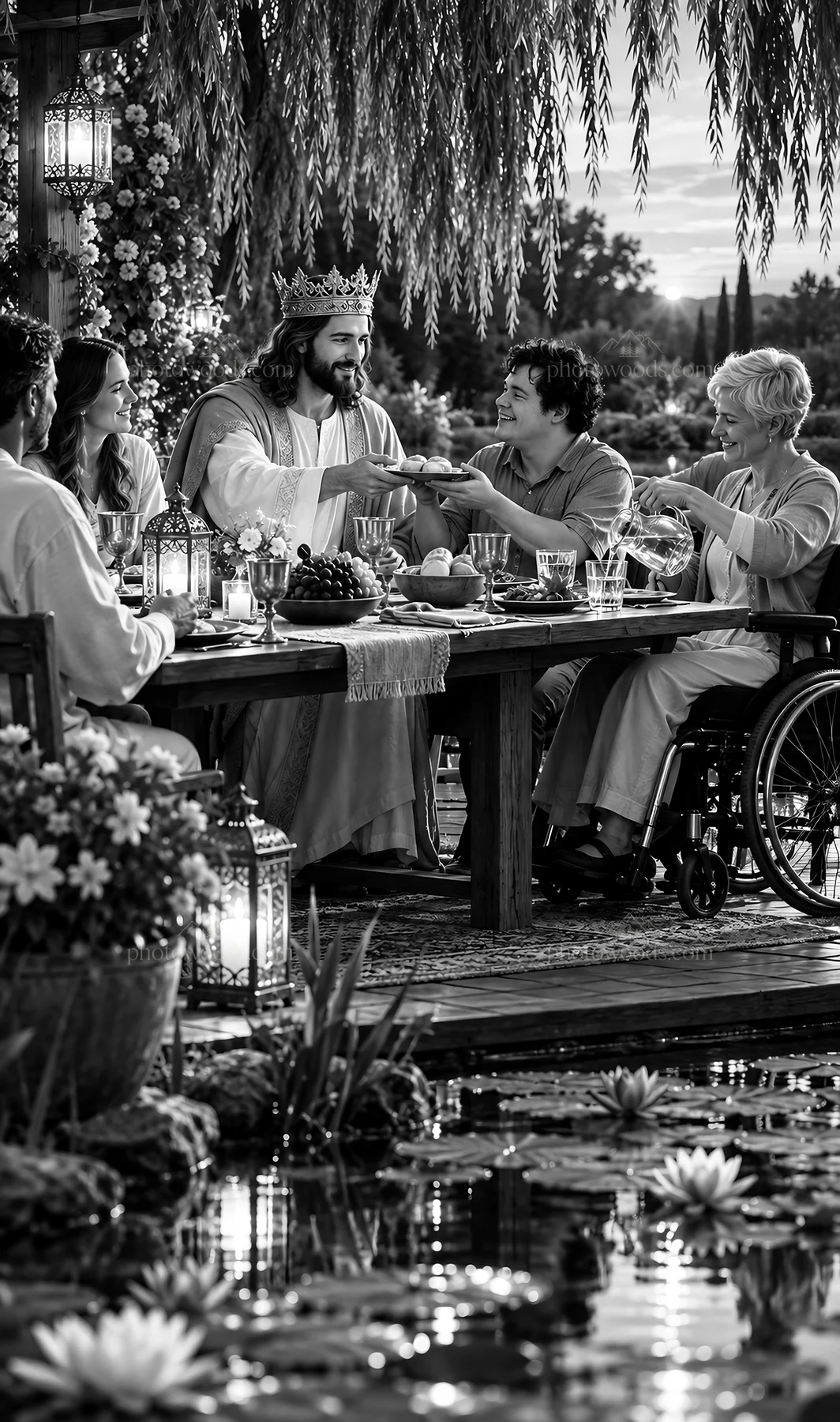 Jesus Christ sharing a meal with people at a gathering - AI-generated stock image