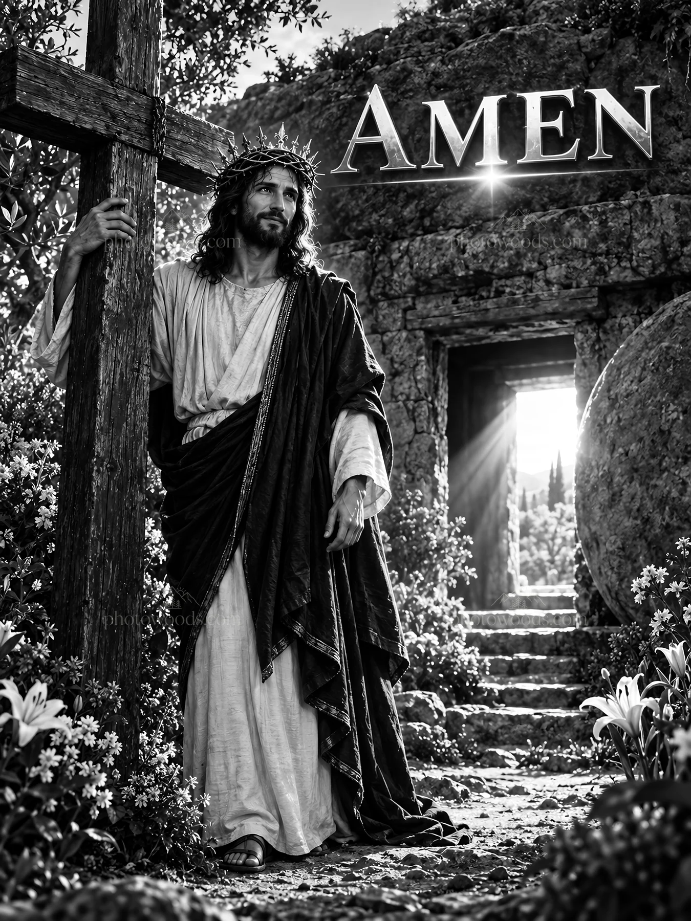 Jesus Christ standing beside a cross in a garden - AI-generated stock image