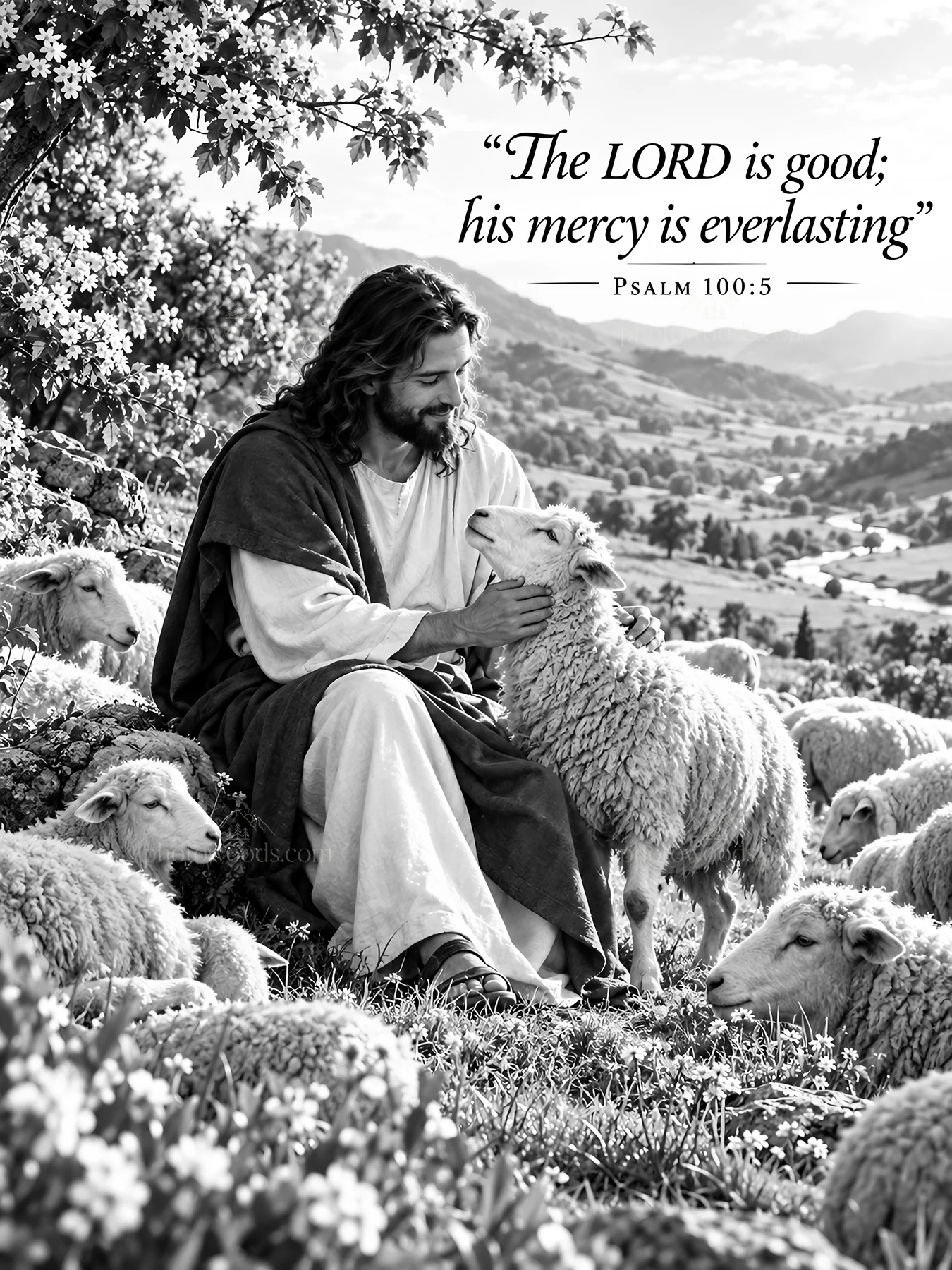 Jesus Christ comforting a lamb among sheep - AI-generated stock image