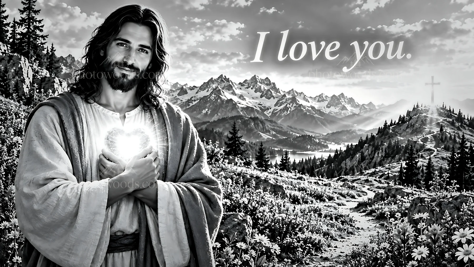 Love in the alpine meadow with a figure holding light - AI-generated stock image
