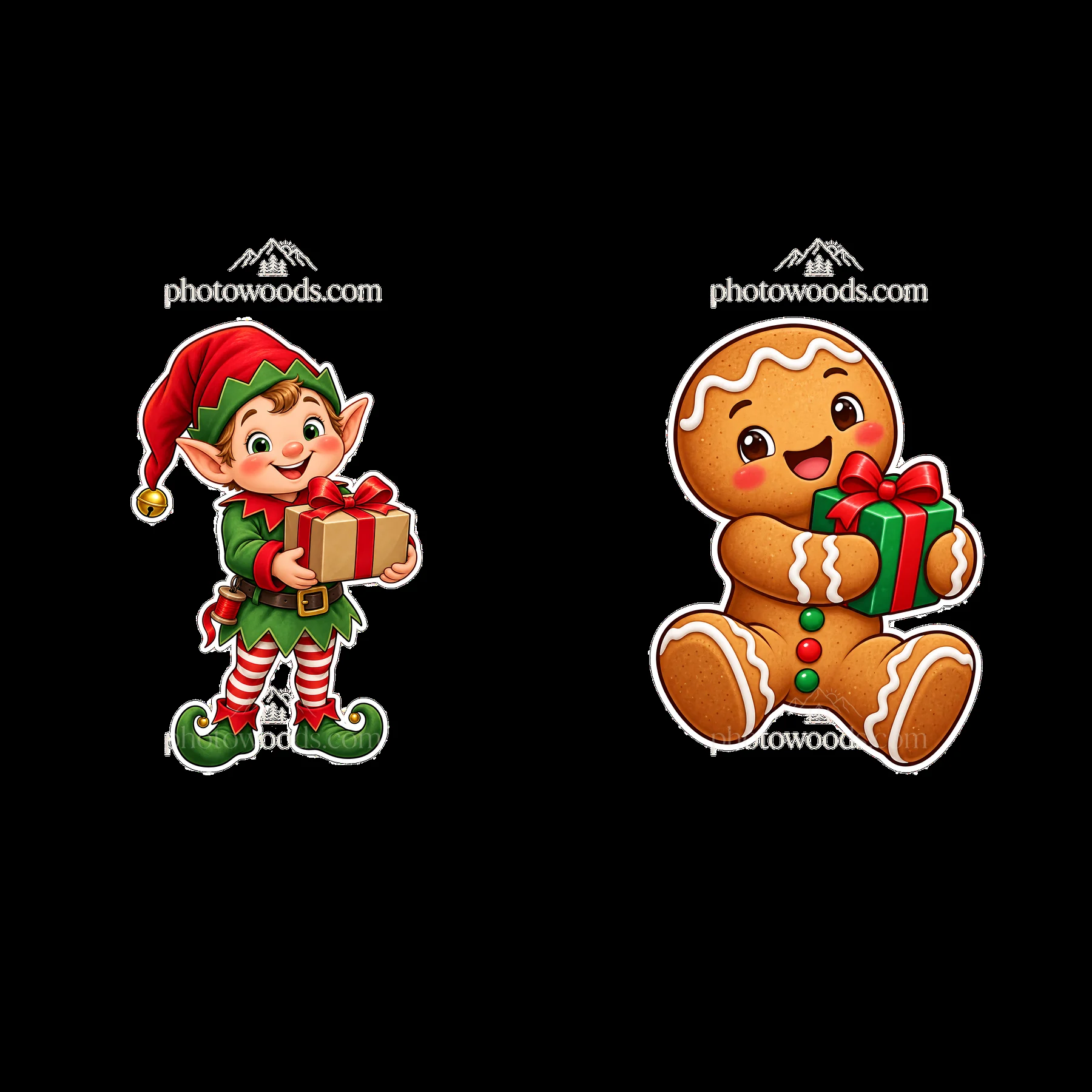 Christmas elf and gingerbread man holding presents - AI-generated stock image
