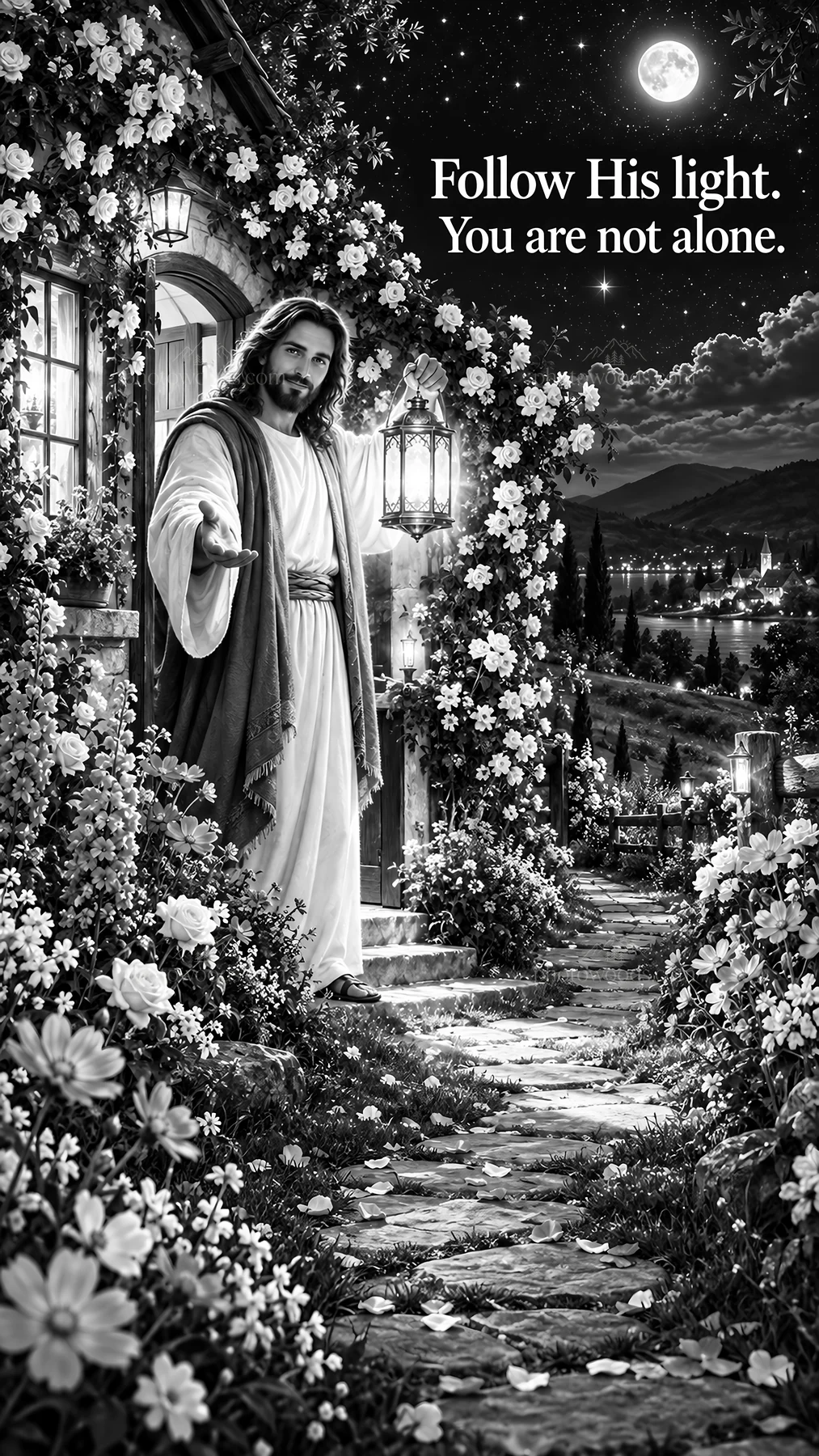 Jesus Christ welcoming with light in a floral garden - AI-generated stock image