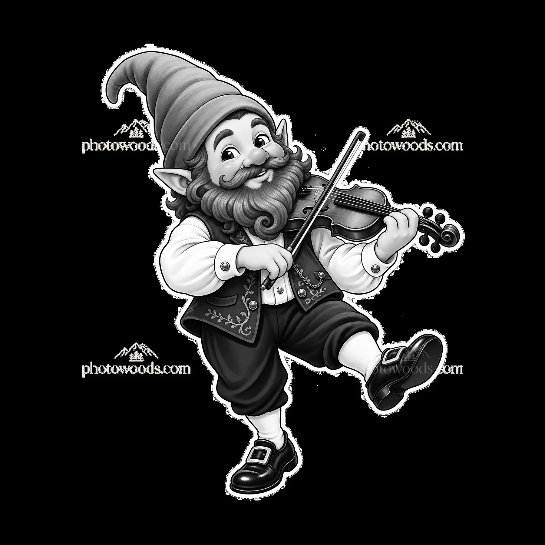Gnome playing violin with big smile and festive outfit - AI-generated stock image
