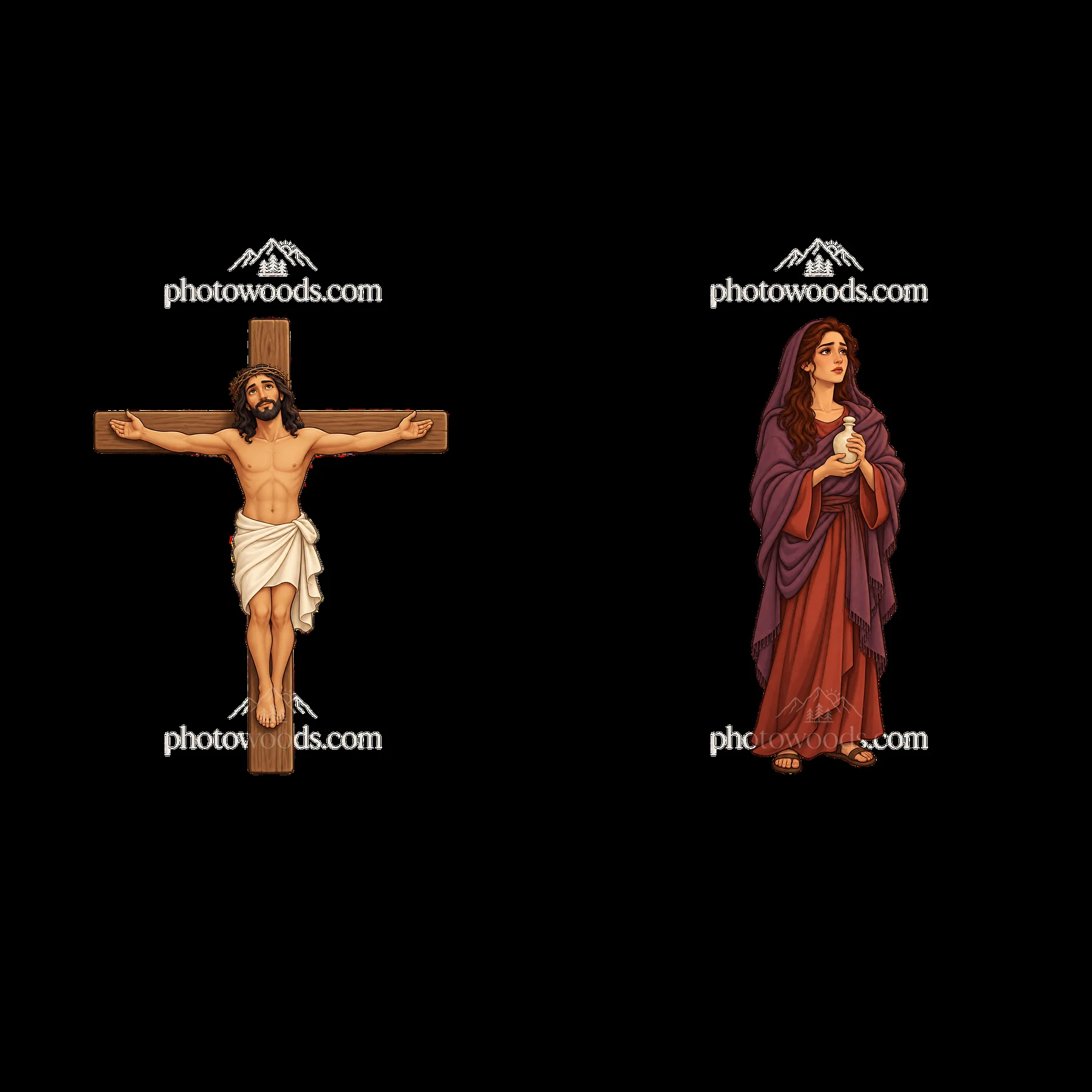 Jesus on the cross and Mary standing with a candle - AI-generated stock image